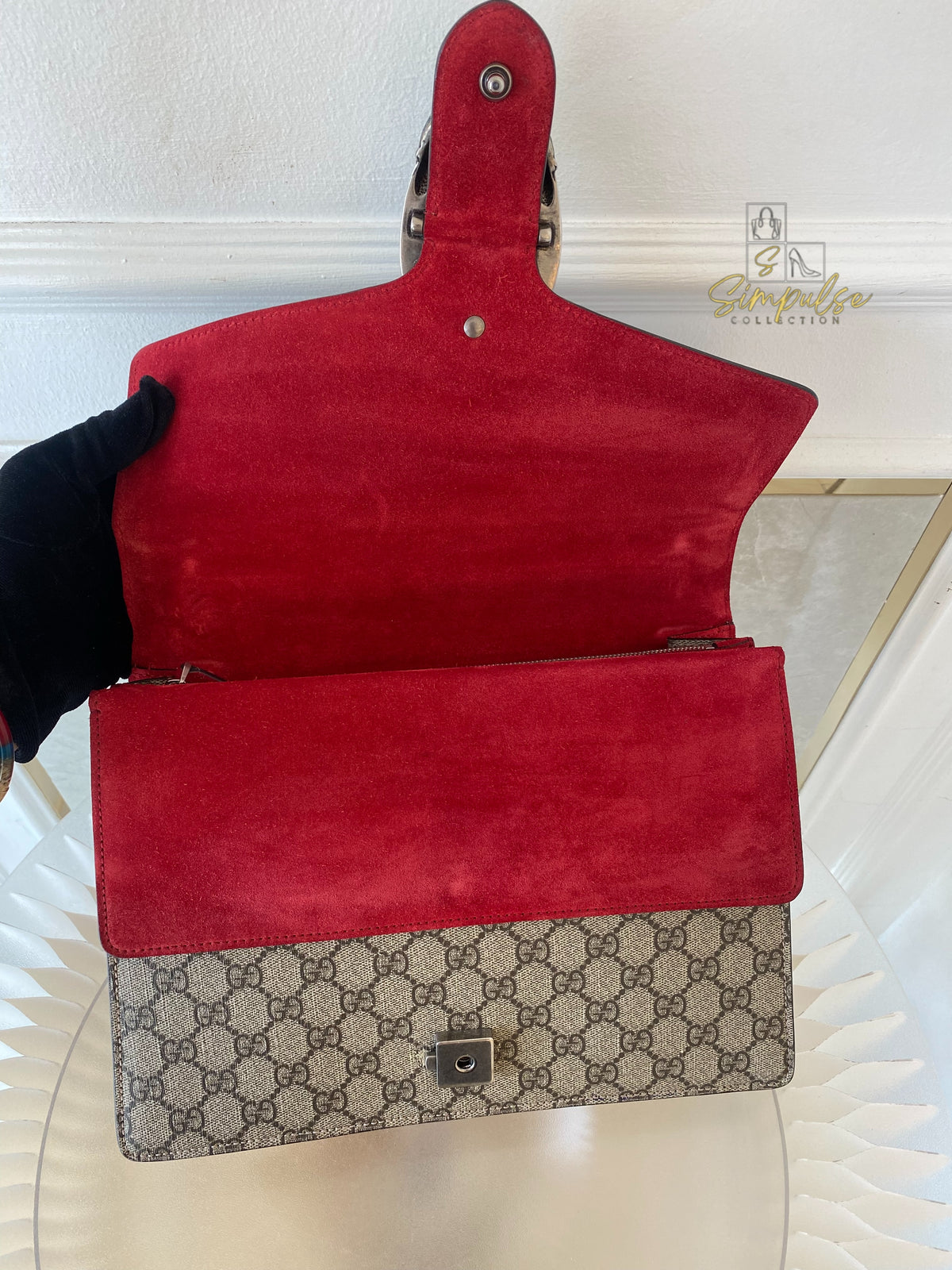 GUCCI MEDIUM SUPREME MONOGRAM DIONYSUS w/RED SUEDE TRIM SHW