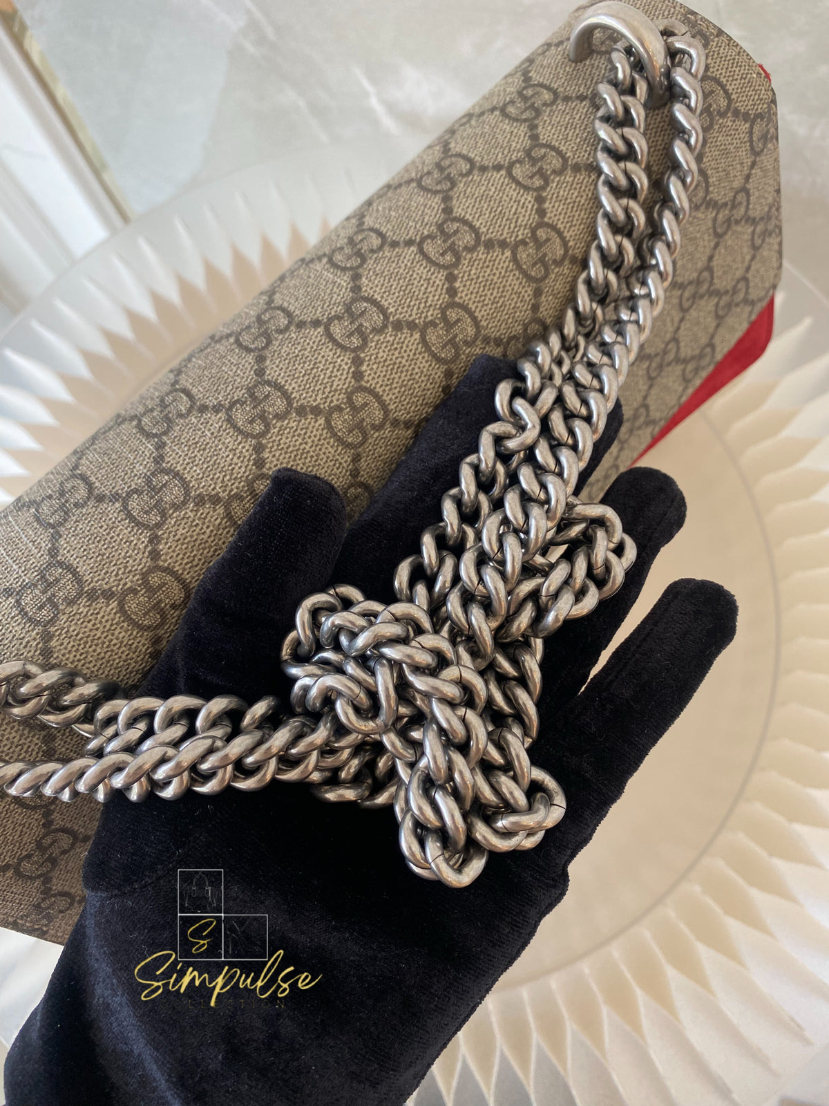 GUCCI MEDIUM SUPREME MONOGRAM DIONYSUS w/RED SUEDE TRIM SHW