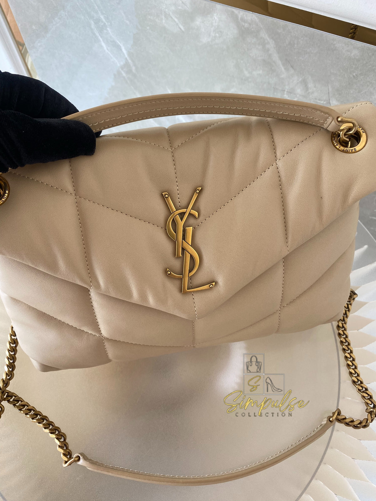 YVES SAINT LAURENT LOULOU PUFFER LAMBSKIN BEIGE GHW
