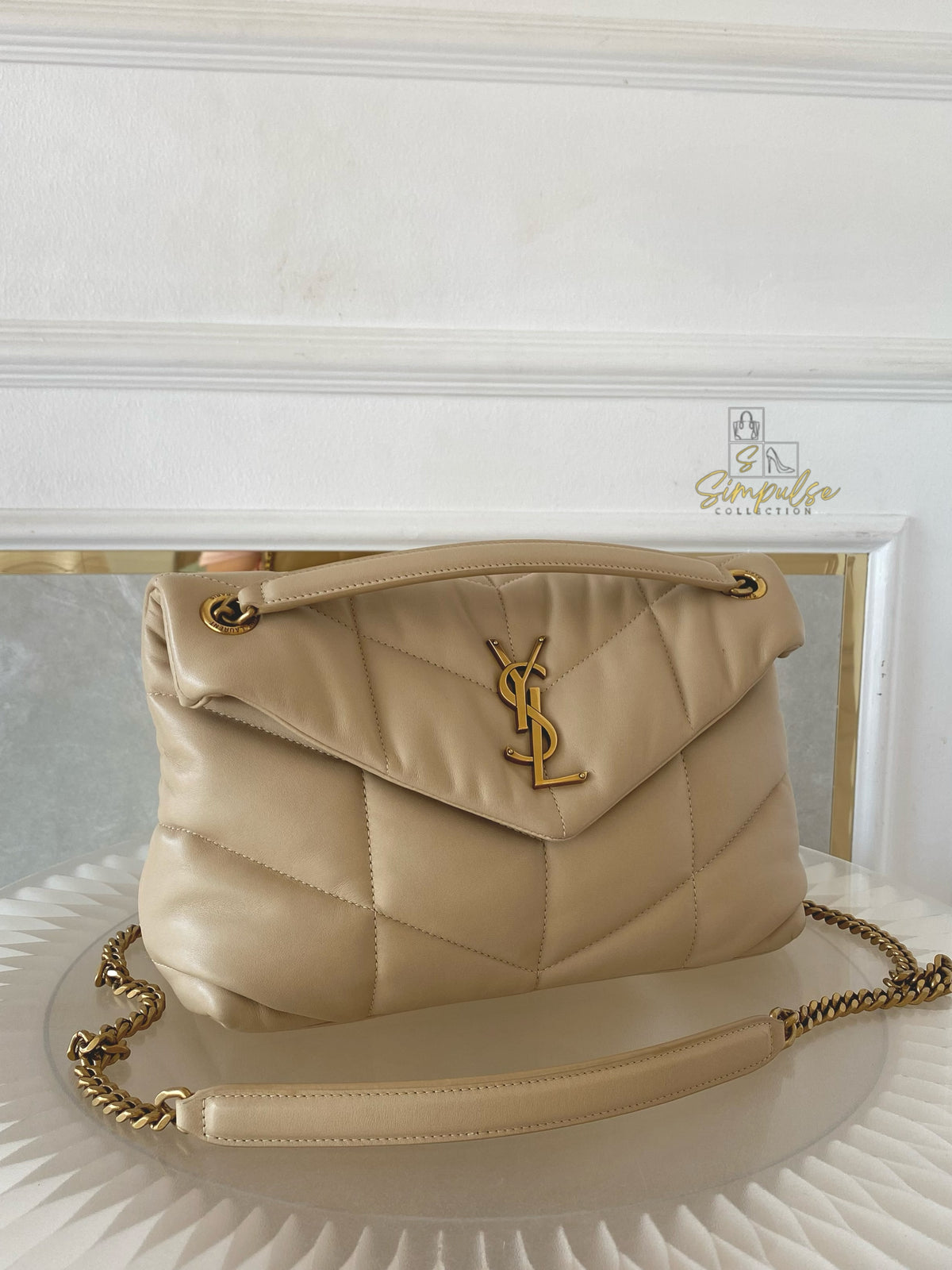 YVES SAINT LAURENT LOULOU PUFFER LAMBSKIN BEIGE GHW