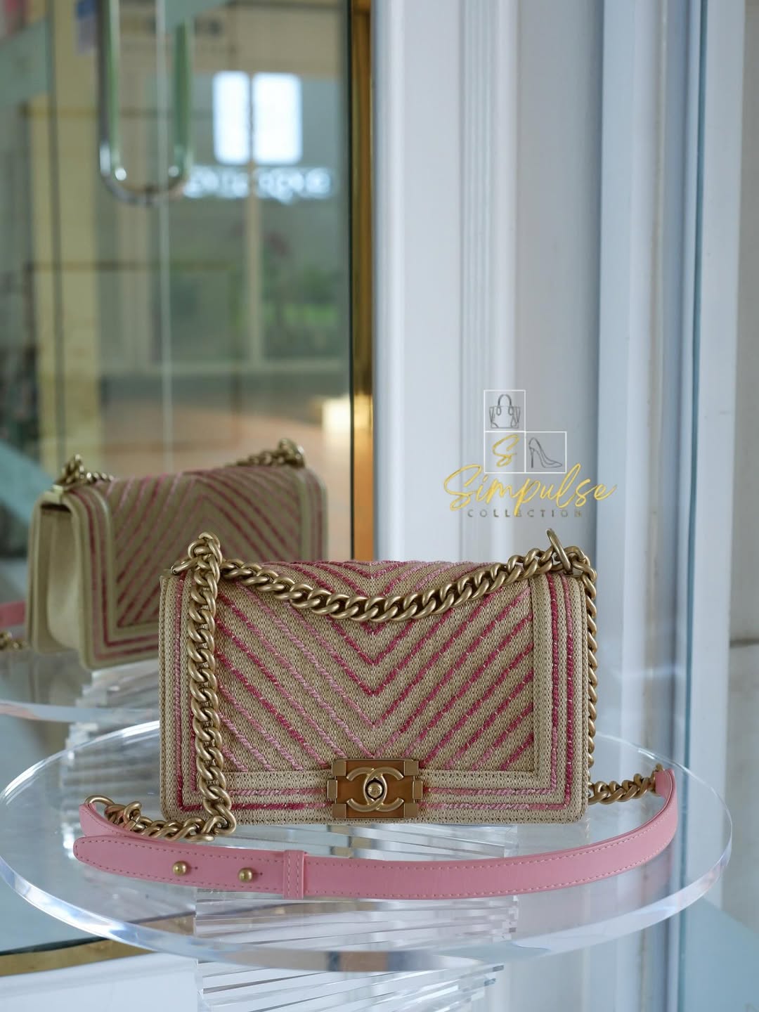 Chanel Leboy Old Medium Chevron Raffia & Leather in Beige/Pink w/ARGHW