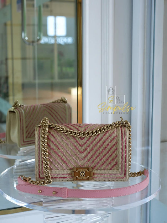 Chanel Leboy Old Medium Chevron Raffia & Leather in Beige/Pink w/ARGHW