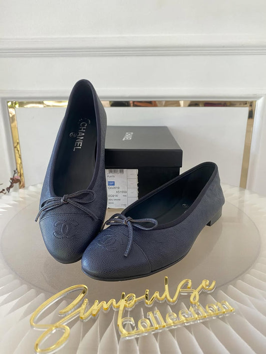Navy Blue Cc Cap Toe Bow Flat Ballerina
