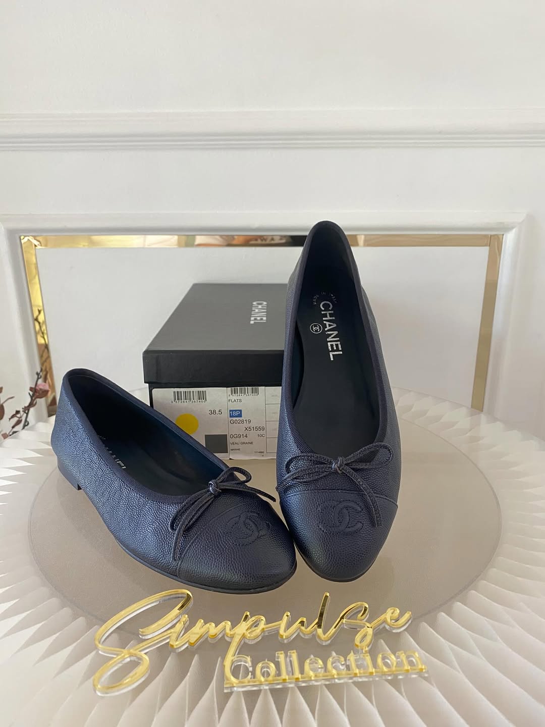 Navy Blue Cc Cap Toe Bow Flat Ballerina