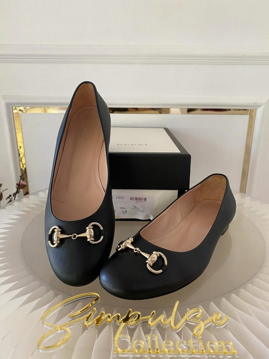 Gucci Black Leather Horsebit Ballet Flats