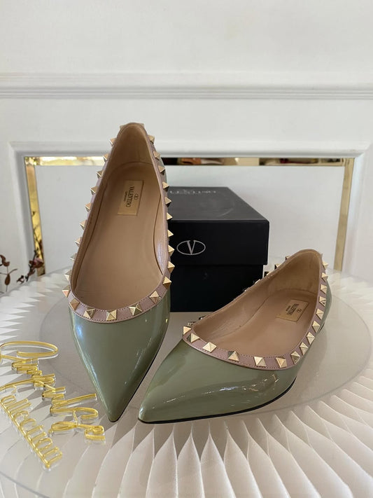 VLTN Light Green Leather Rockstud Ballet Flats