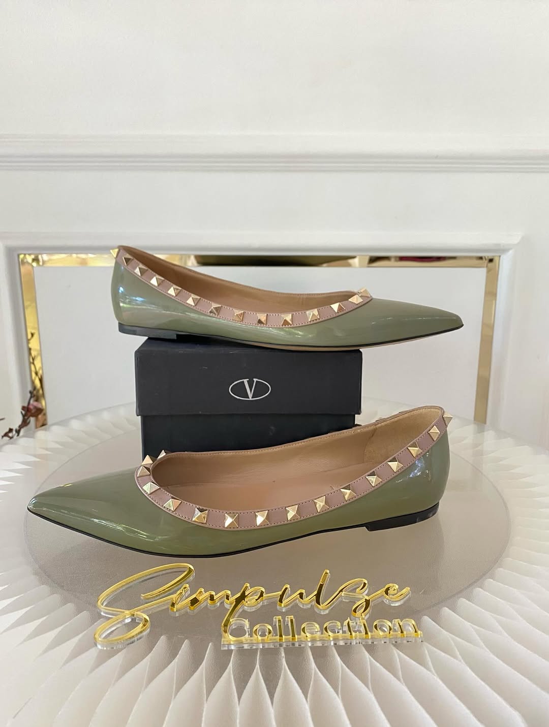 VLTN Light Green Leather Rockstud Ballet Flats
