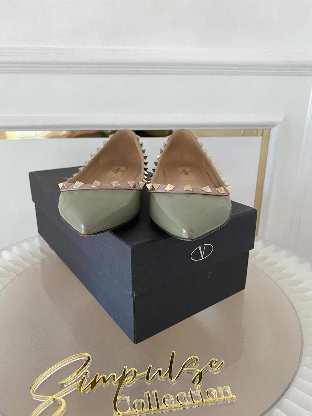 VLTN Light Green Leather Rockstud Ballet Flats