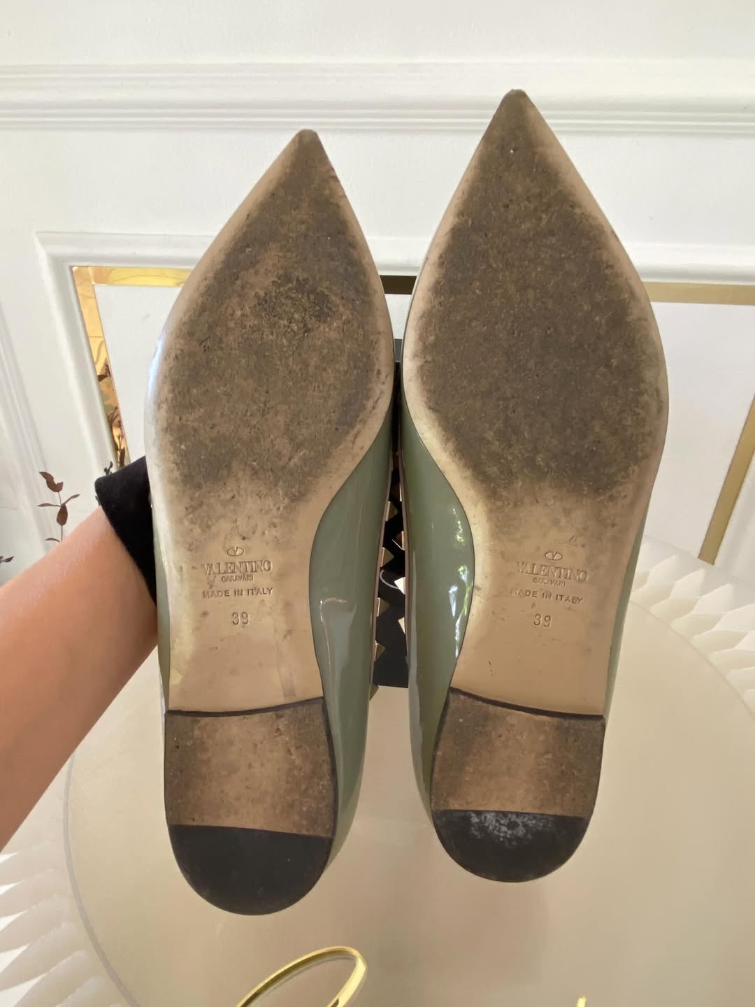 VLTN Light Green Leather Rockstud Ballet Flats
