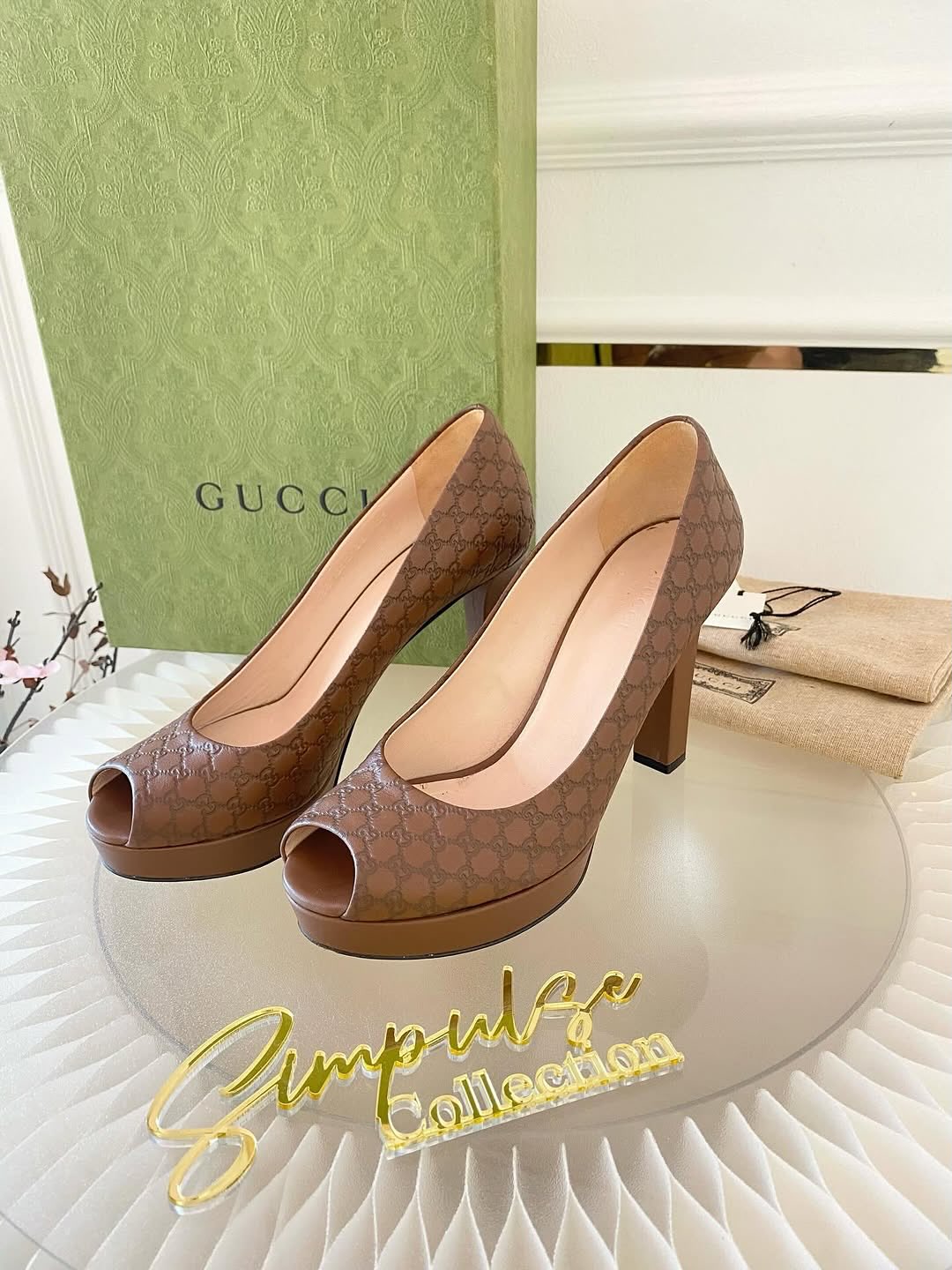 GUCCI Brown Guccissima Leather Peep Toe Platform Pumps