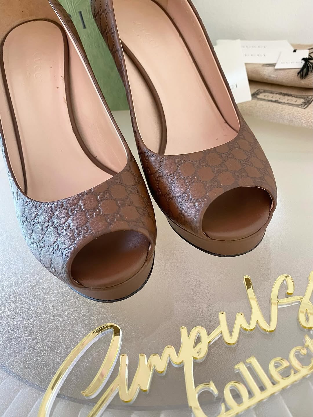 GUCCI Brown Guccissima Leather Peep Toe Platform Pumps