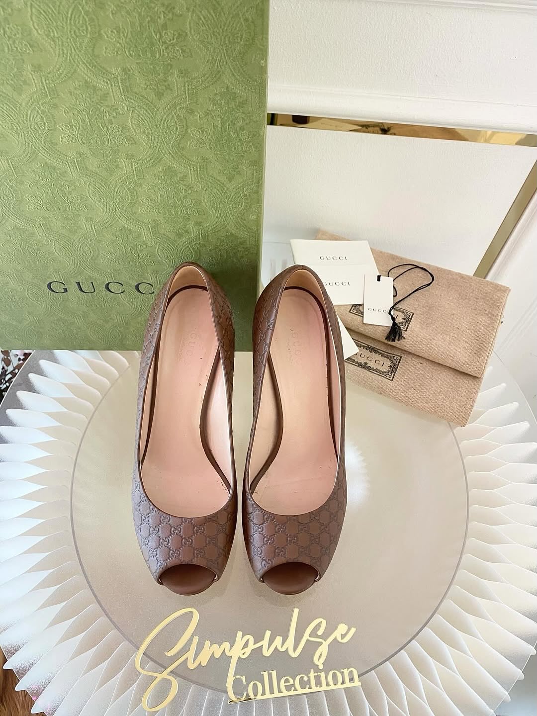 GUCCI Brown Guccissima Leather Peep Toe Platform Pumps