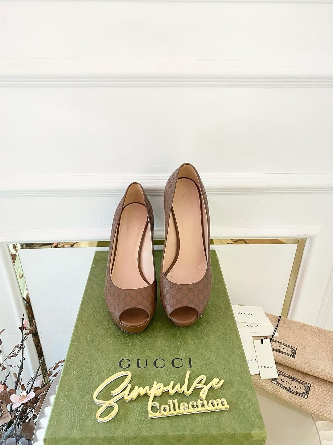 GUCCI Brown Guccissima Leather Peep Toe Platform Pumps