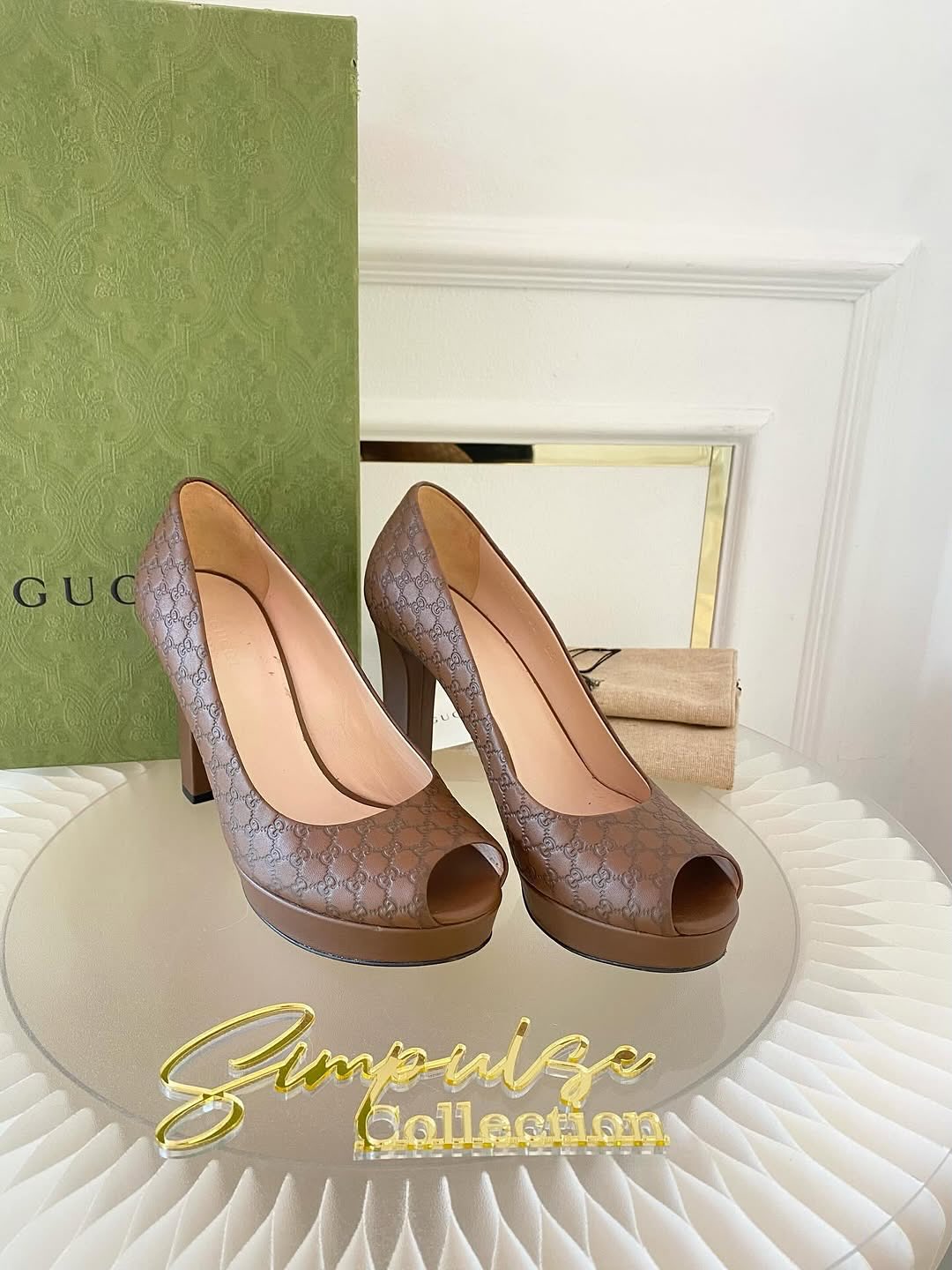 GUCCI Brown Guccissima Leather Peep Toe Platform Pumps