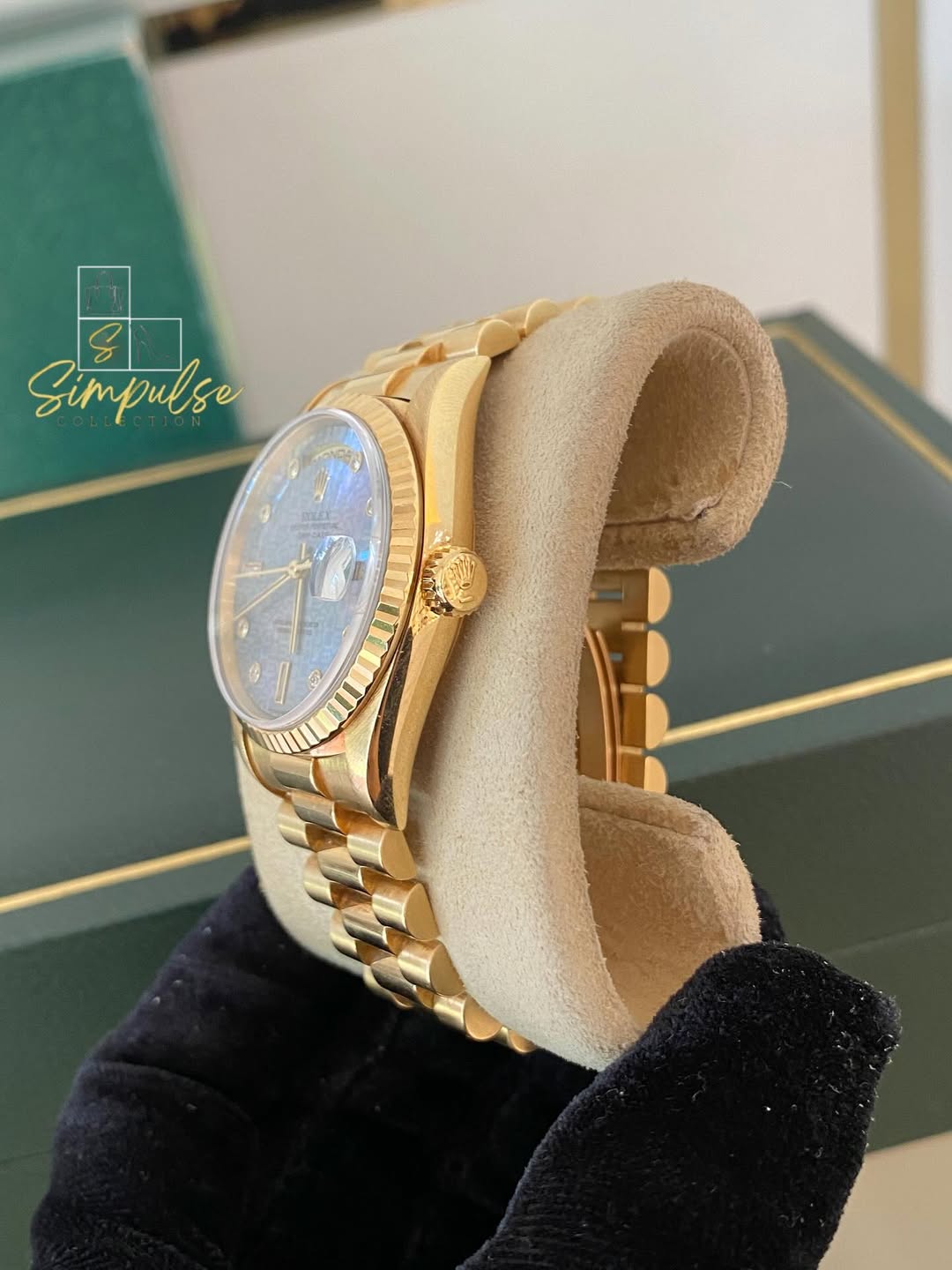 Rolex Day-Date 18k Solid Gold MOP Blue Ice Dial Anniv. Computer Face