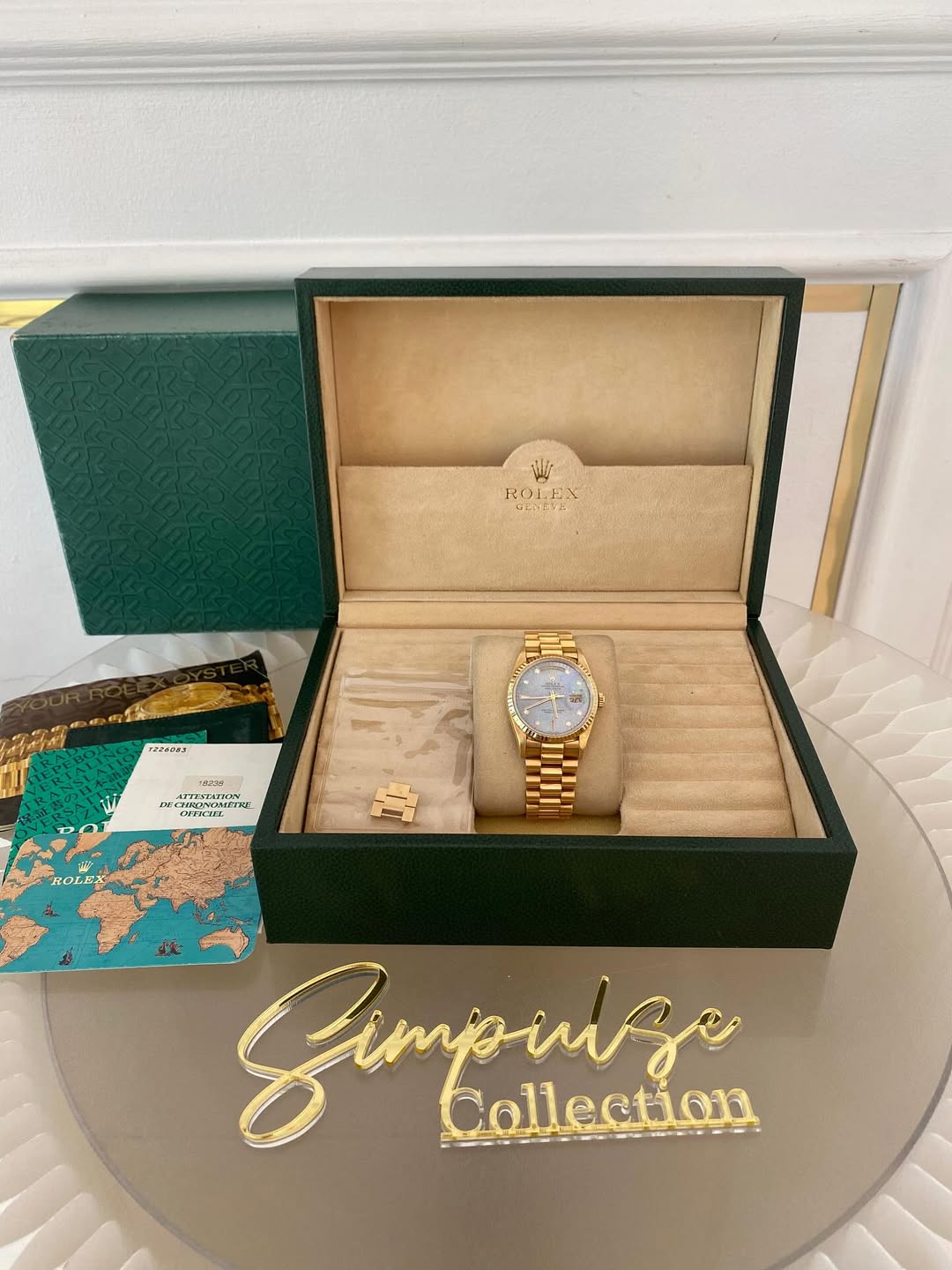 Rolex Day-Date 18k Solid Gold MOP Blue Ice Dial Anniv. Computer Face