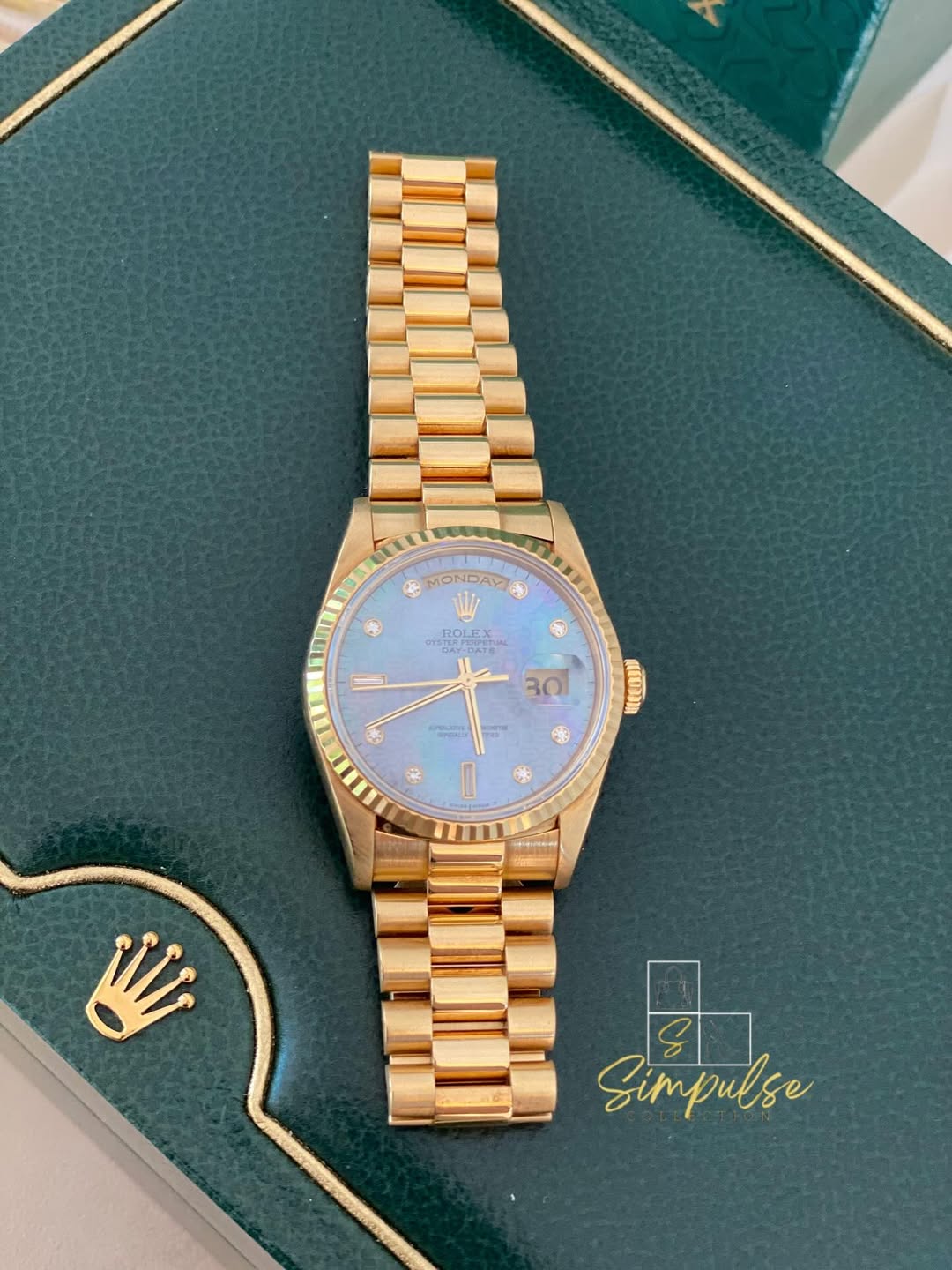 Rolex Day-Date 18k Solid Gold MOP Blue Ice Dial Anniv. Computer Face