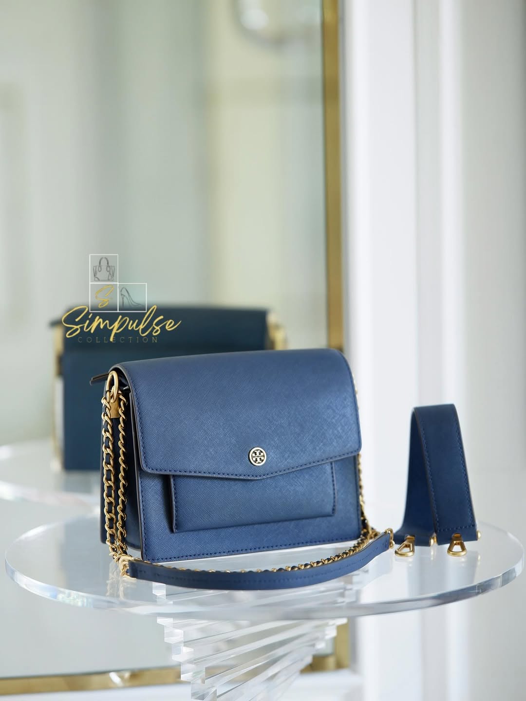 TORY BURCH Robinson Colorblock Double Strap Blue Bag