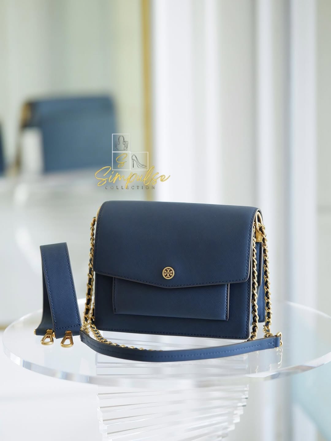 TORY BURCH Robinson Colorblock Double Strap Blue Bag