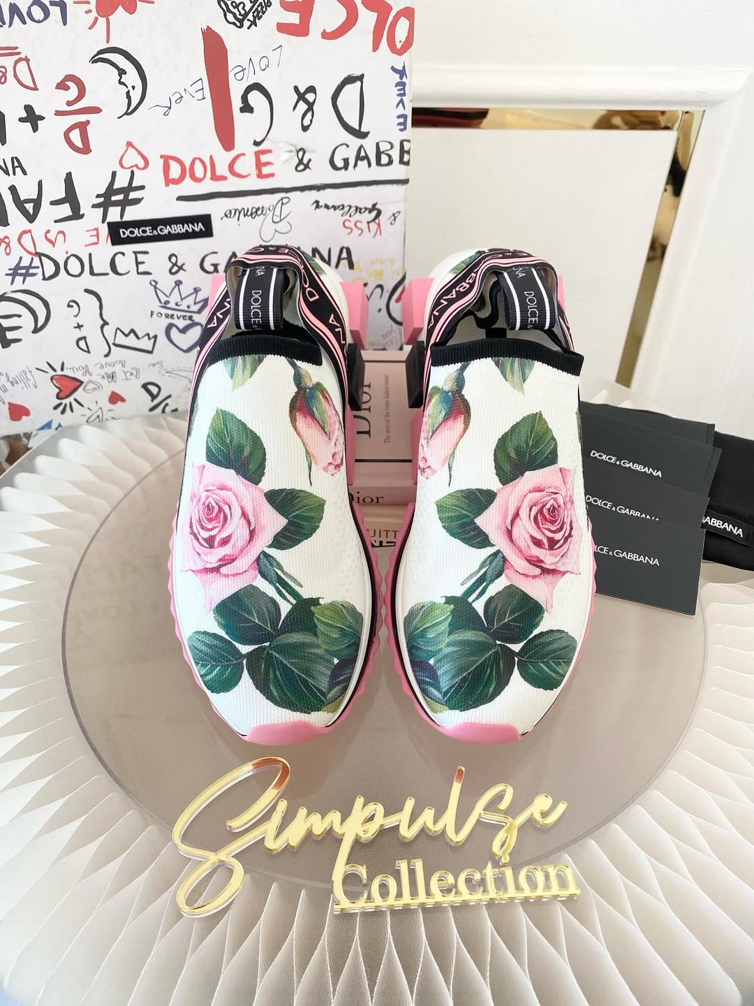 DOLCE & GABBANA White Rose Print Sorrento Sneakers
