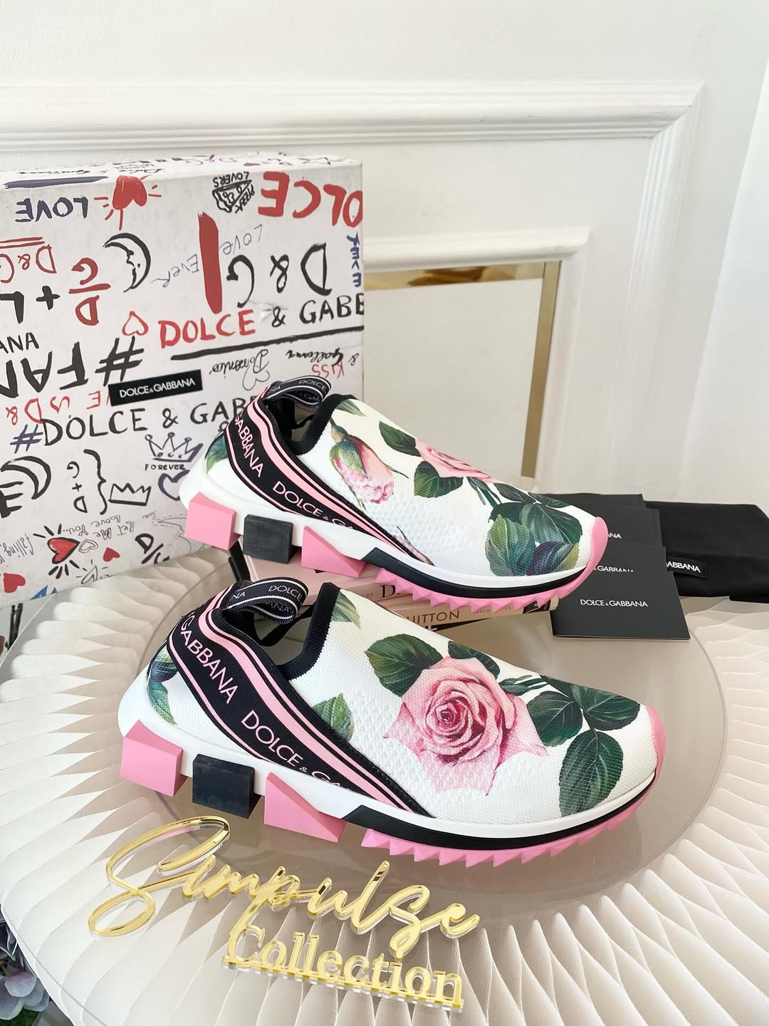 DOLCE & GABBANA White Rose Print Sorrento Sneakers