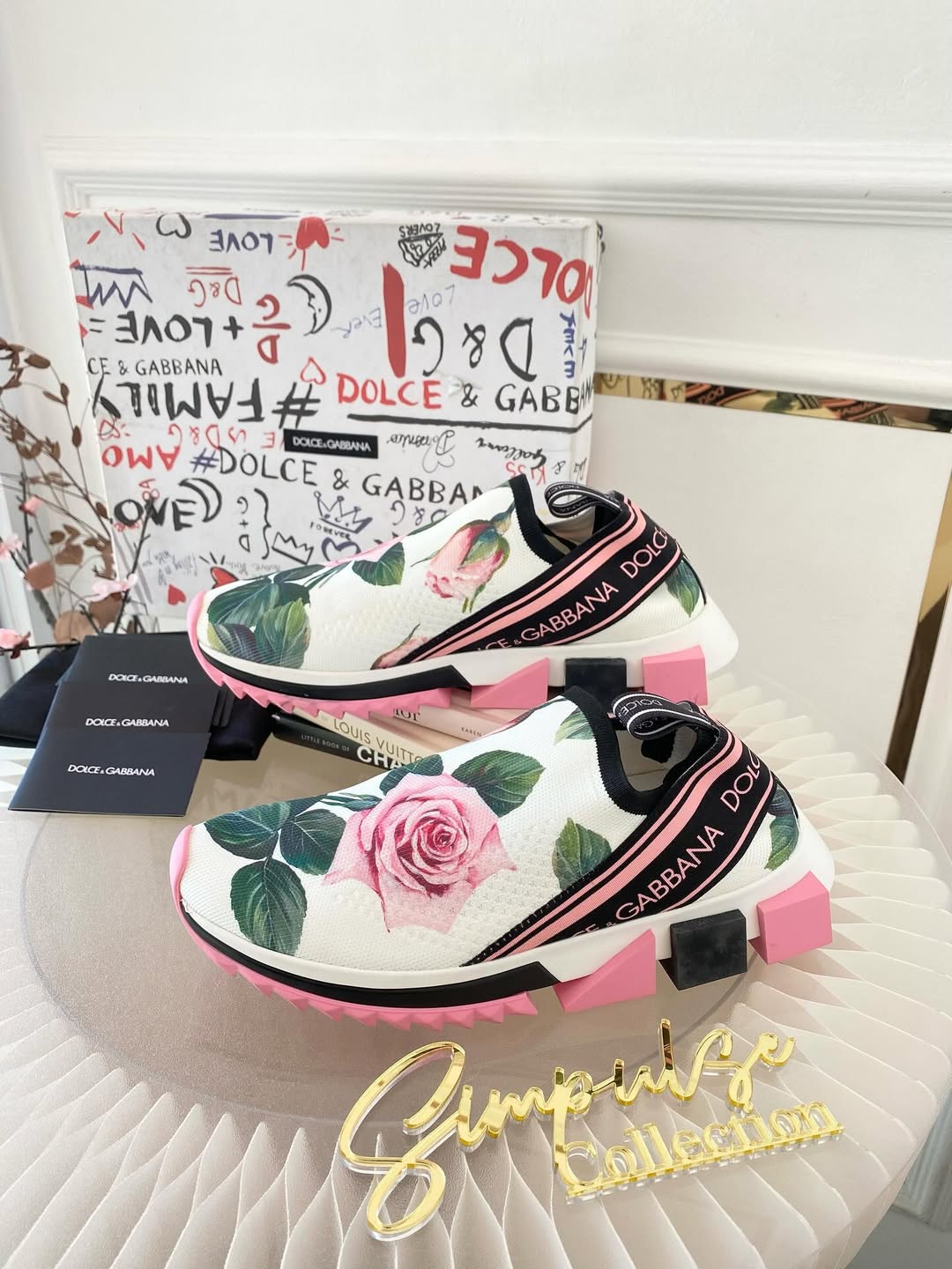 DOLCE & GABBANA White Rose Print Sorrento Sneakers