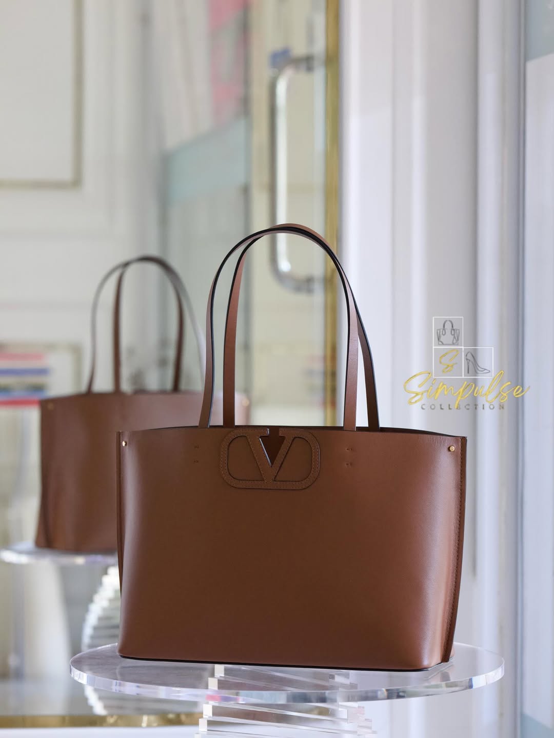 VLTN Fill Me Cognac Brown Calfskin Leather Tote Bag