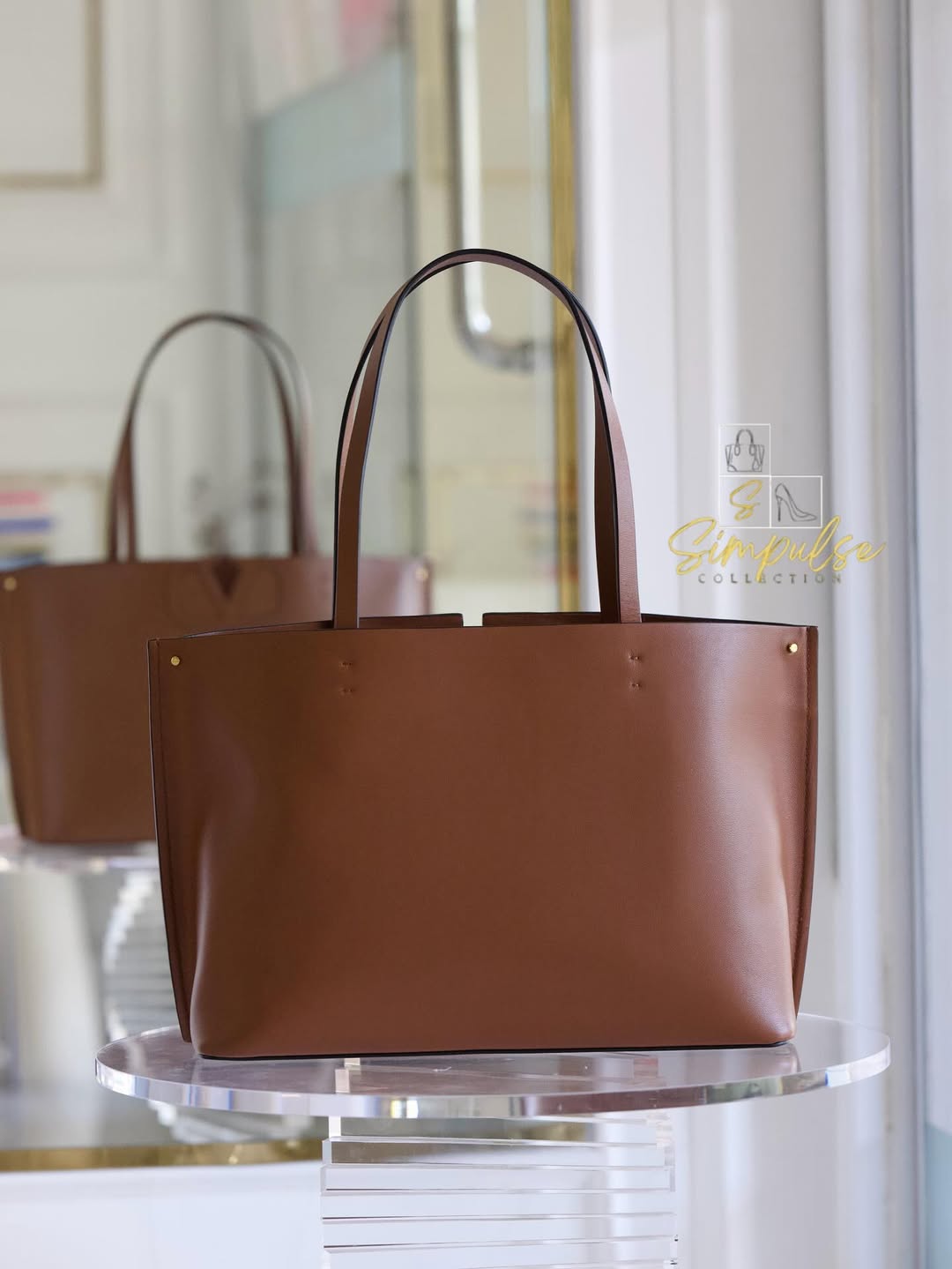VLTN Fill Me Cognac Brown Calfskin Leather Tote Bag