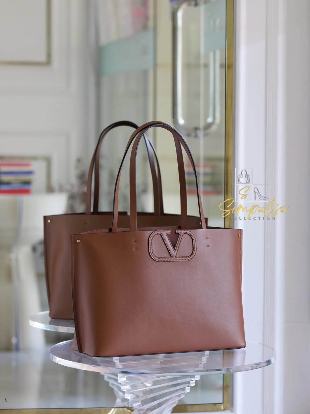 VLTN Fill Me Cognac Brown Calfskin Leather Tote Bag