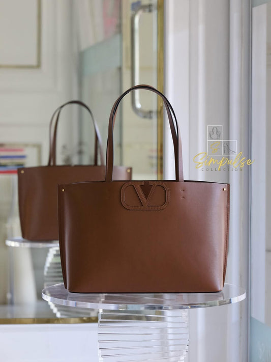 VLTN Fill Me Cognac Brown Calfskin Leather Tote Bag