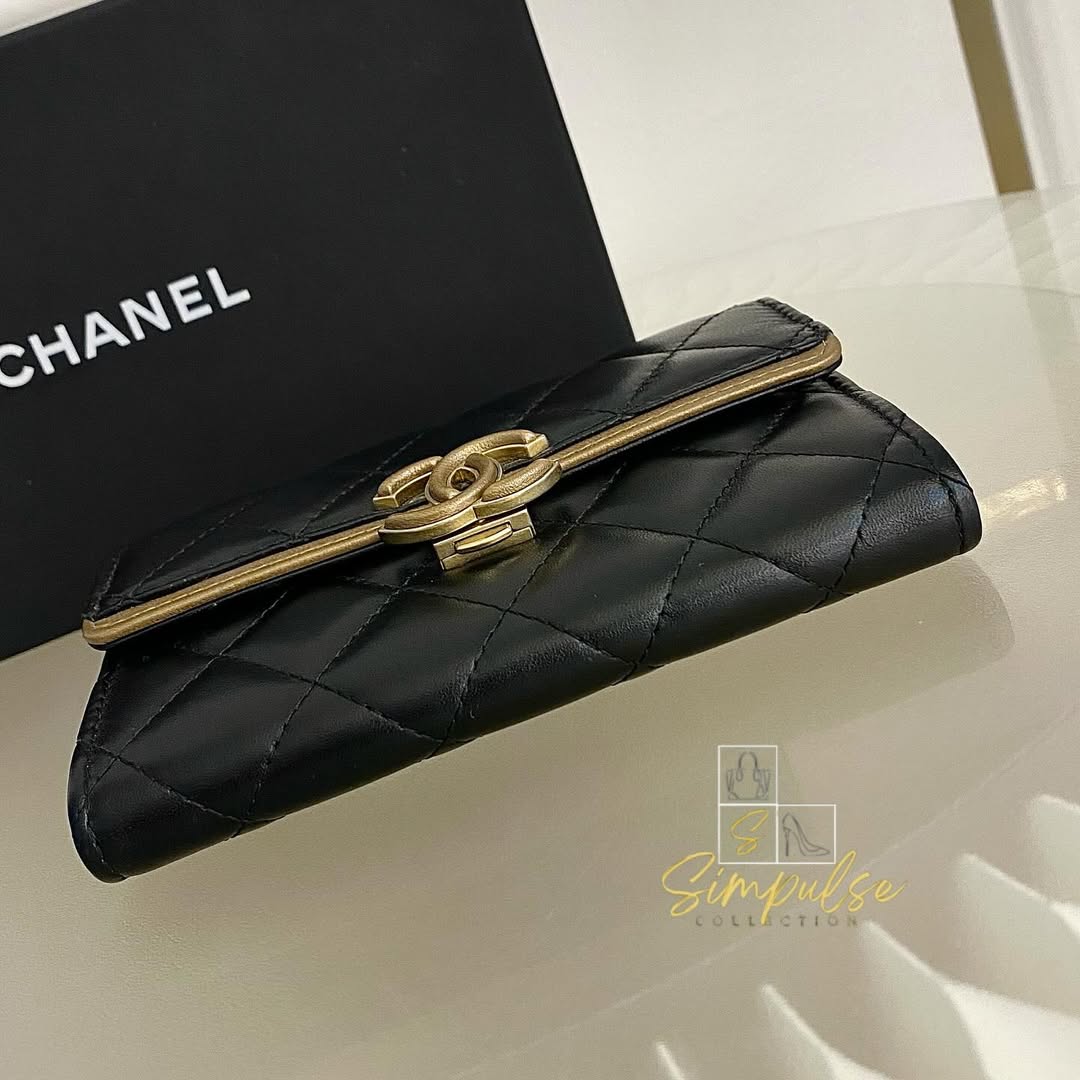 Chanel Matelasse Long Wallet w/ a Gold Tone Push Lock