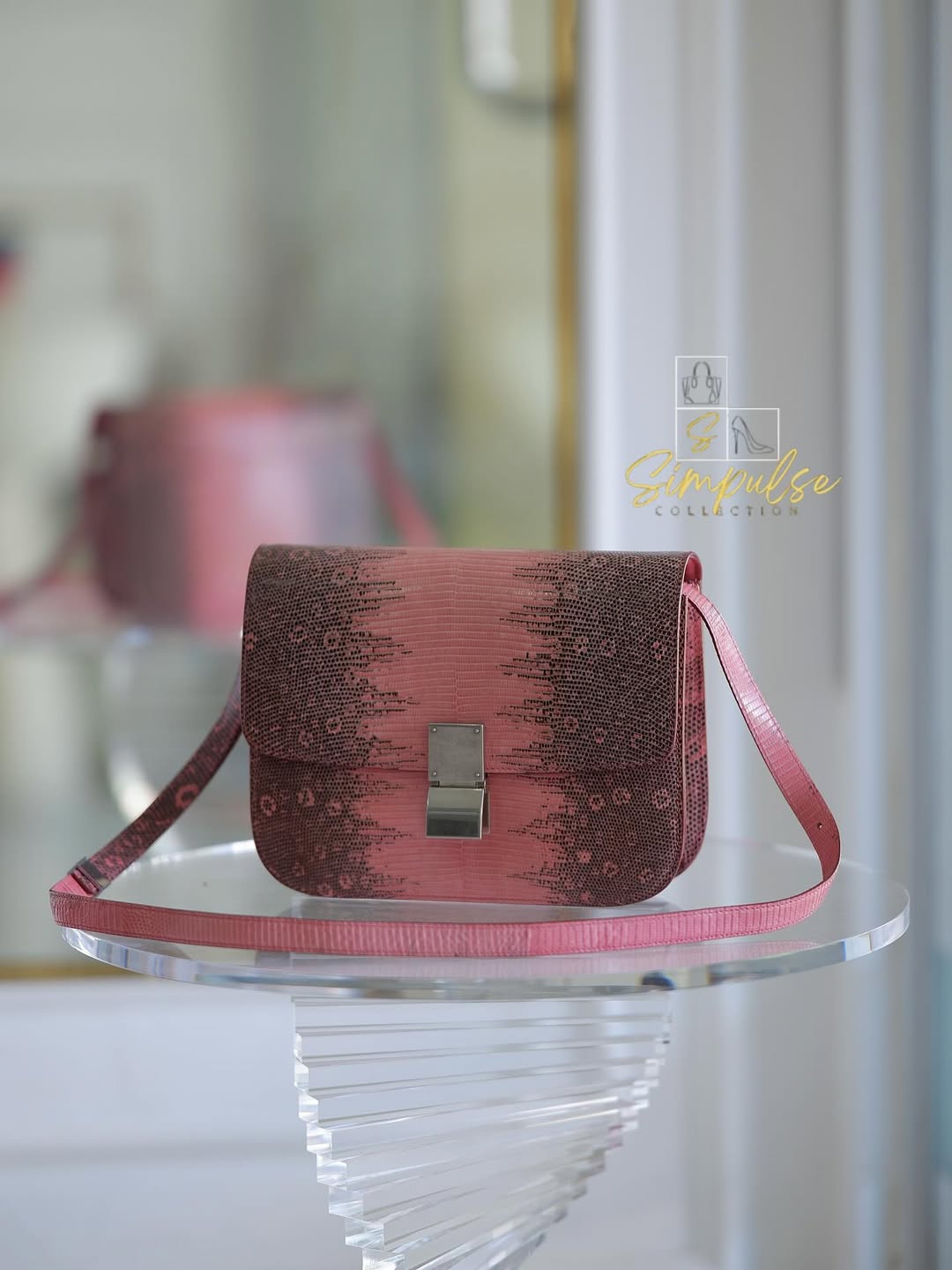 CELINE Medium Classic Box Pink/Grey Lizard Bag