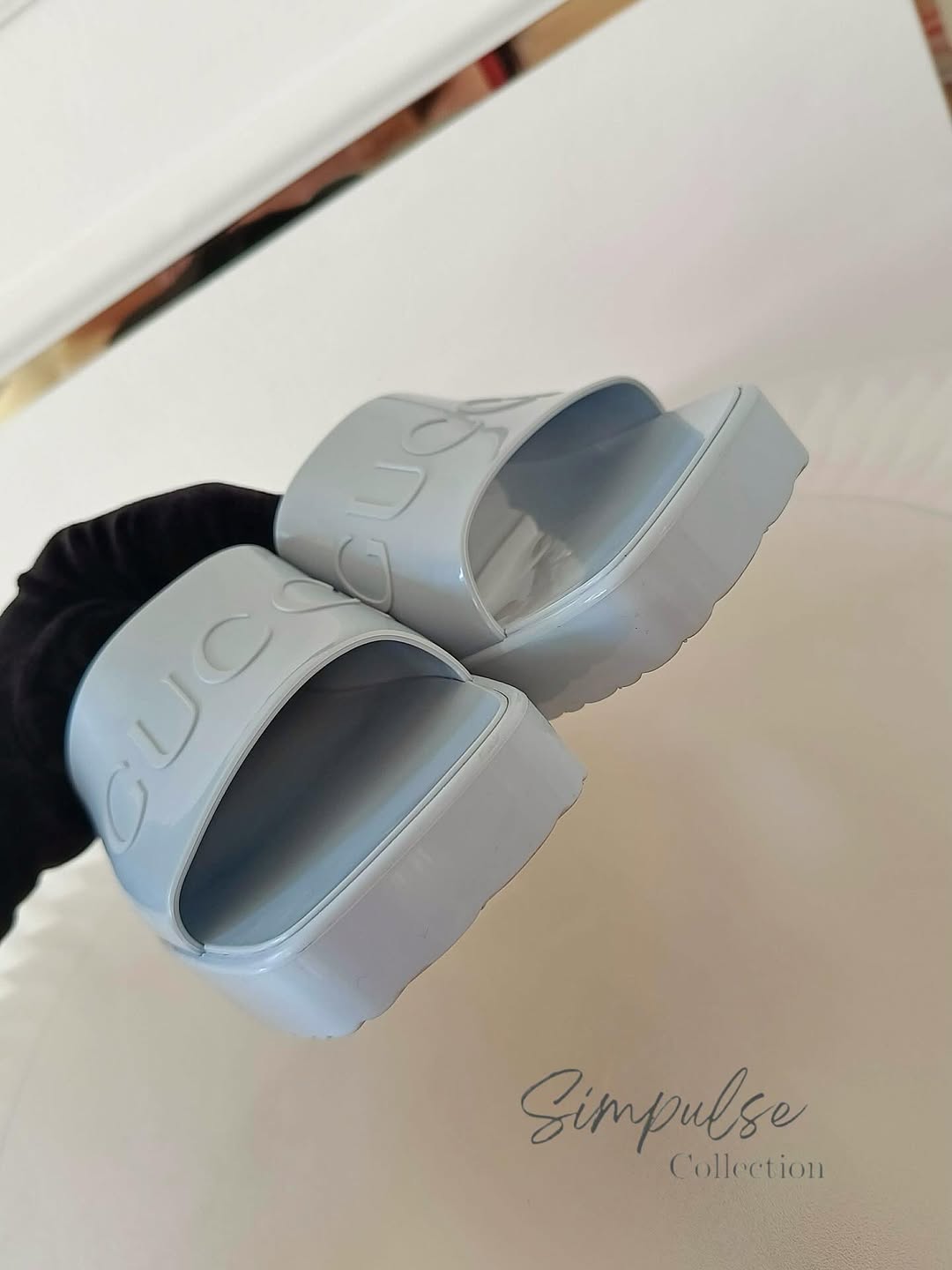 GUCCI Light Blue G Rubber Logo Platform Slide Sandals
