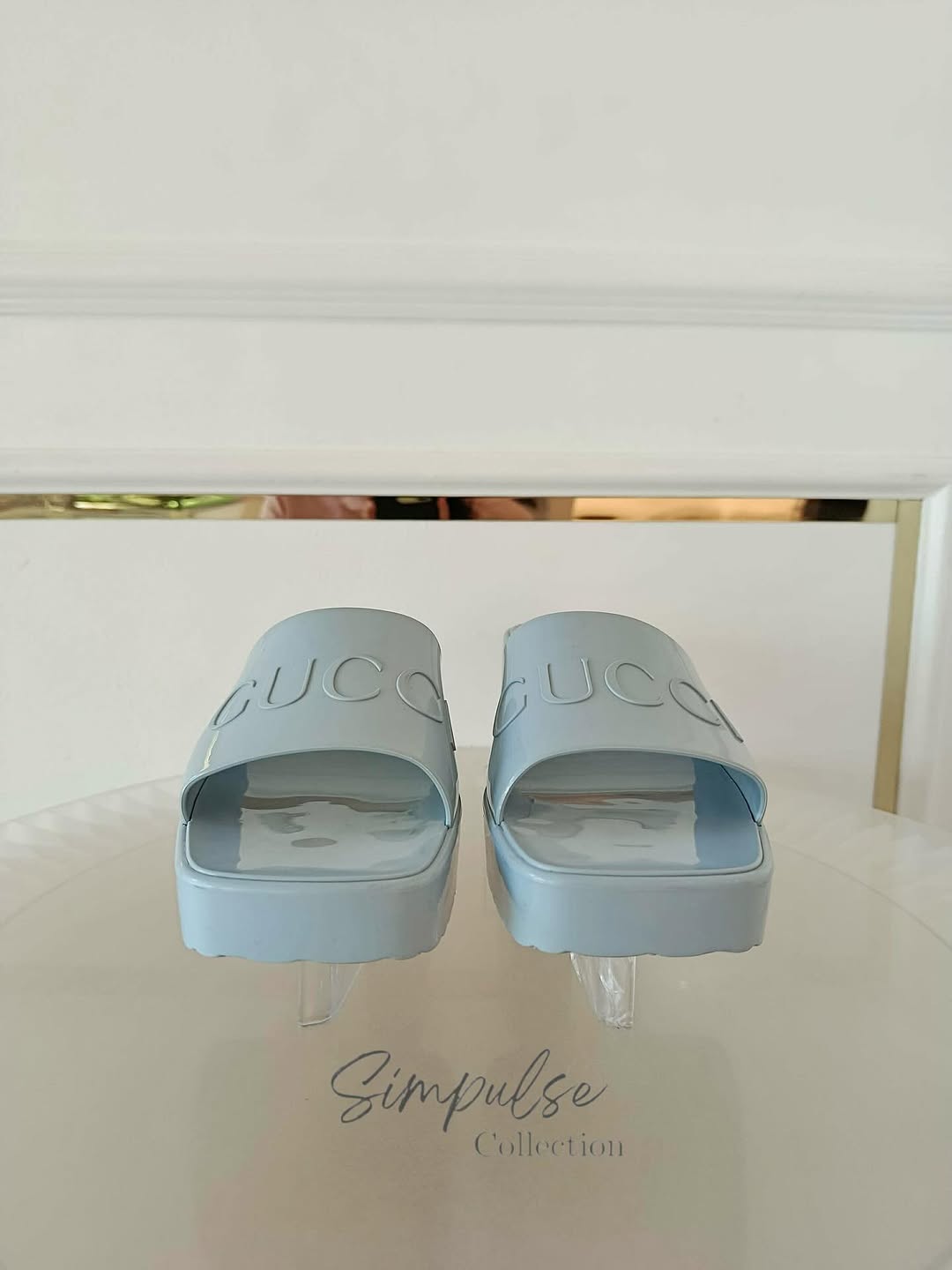 GUCCI Light Blue G Rubber Logo Platform Slide Sandals