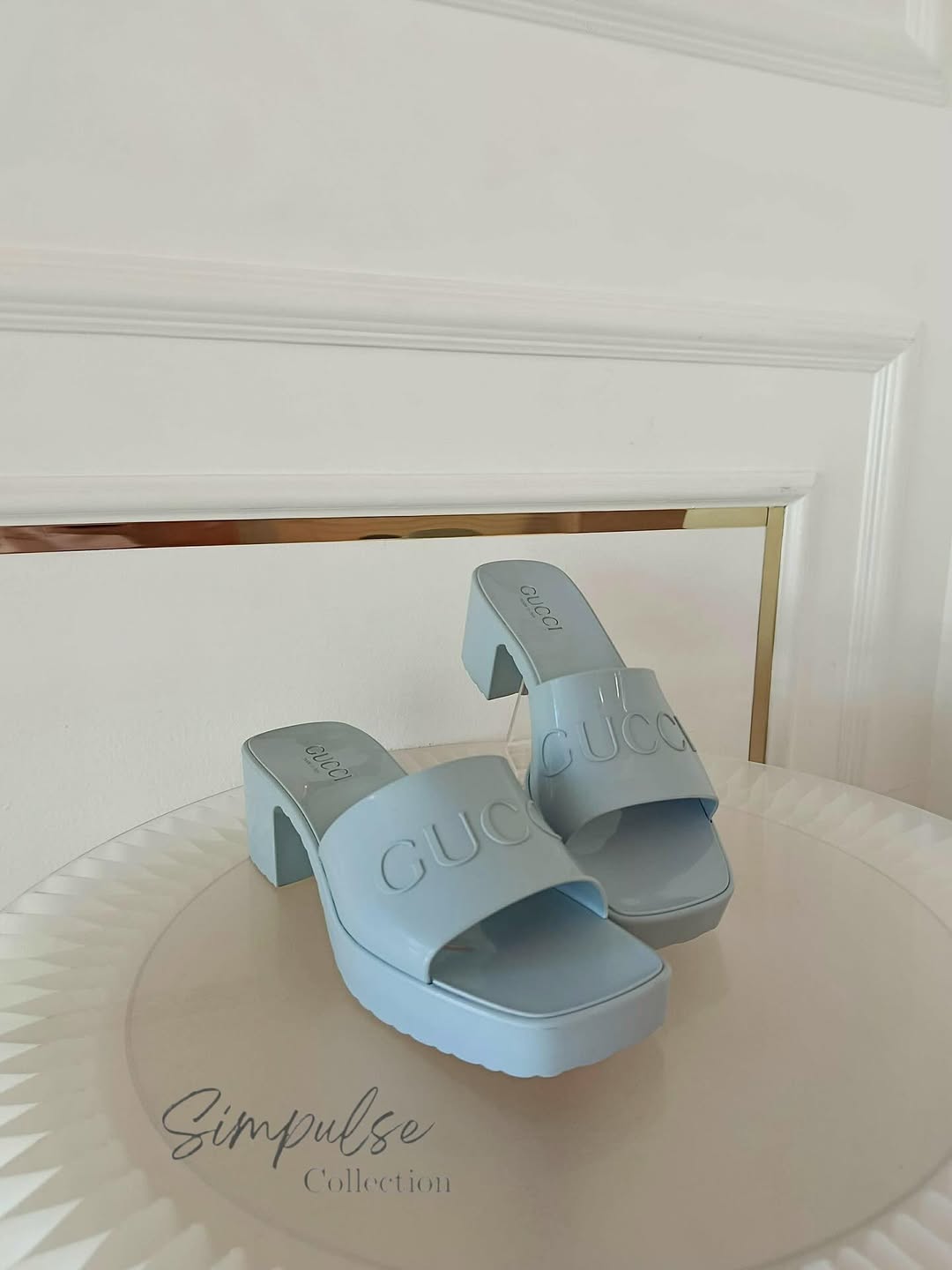 GUCCI Light Blue G Rubber Logo Platform Slide Sandals