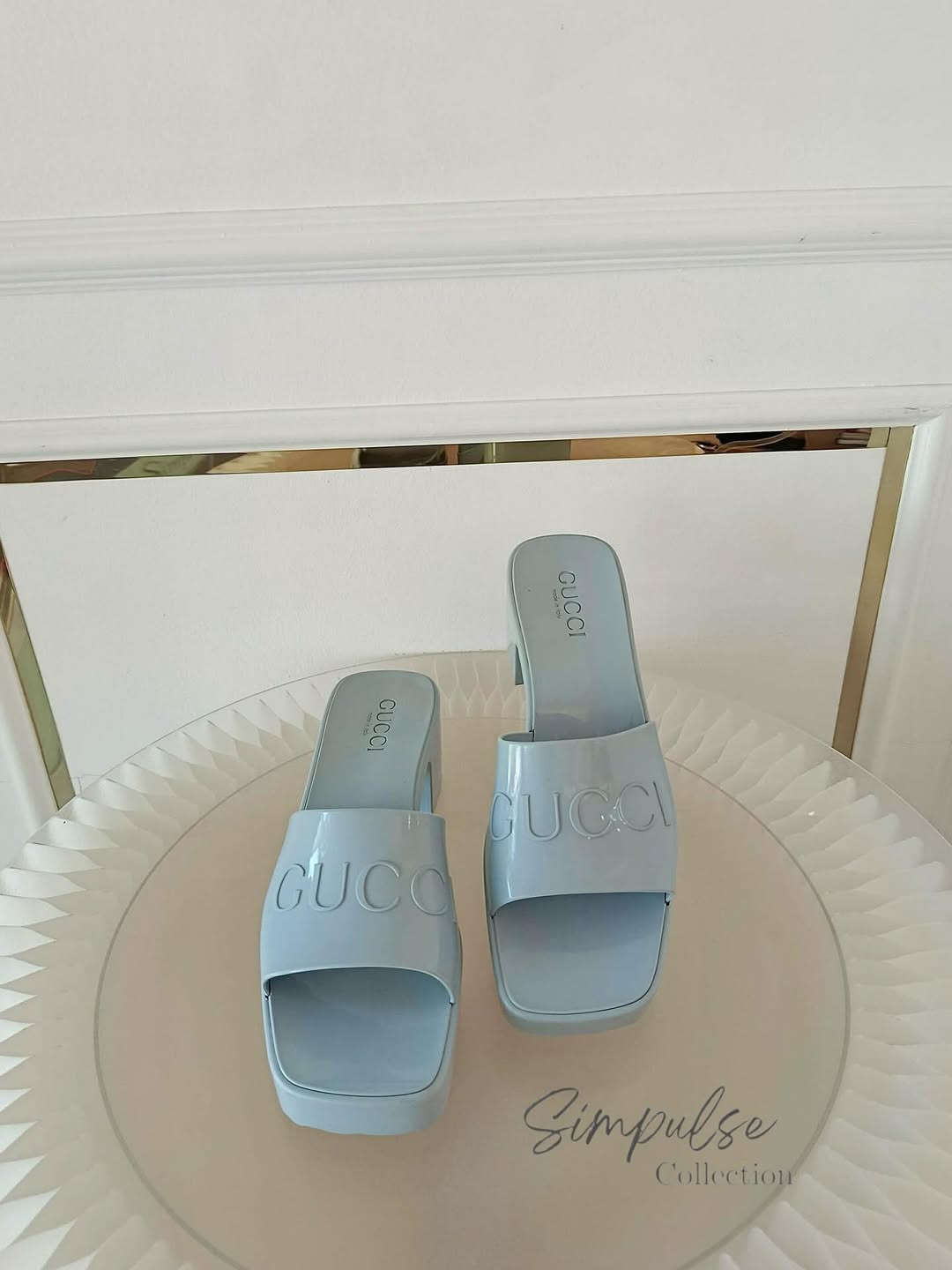 GUCCI Light Blue G Rubber Logo Platform Slide Sandals