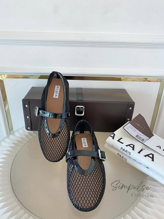 Alaia Black Fishnet Mesh Ballet Flats