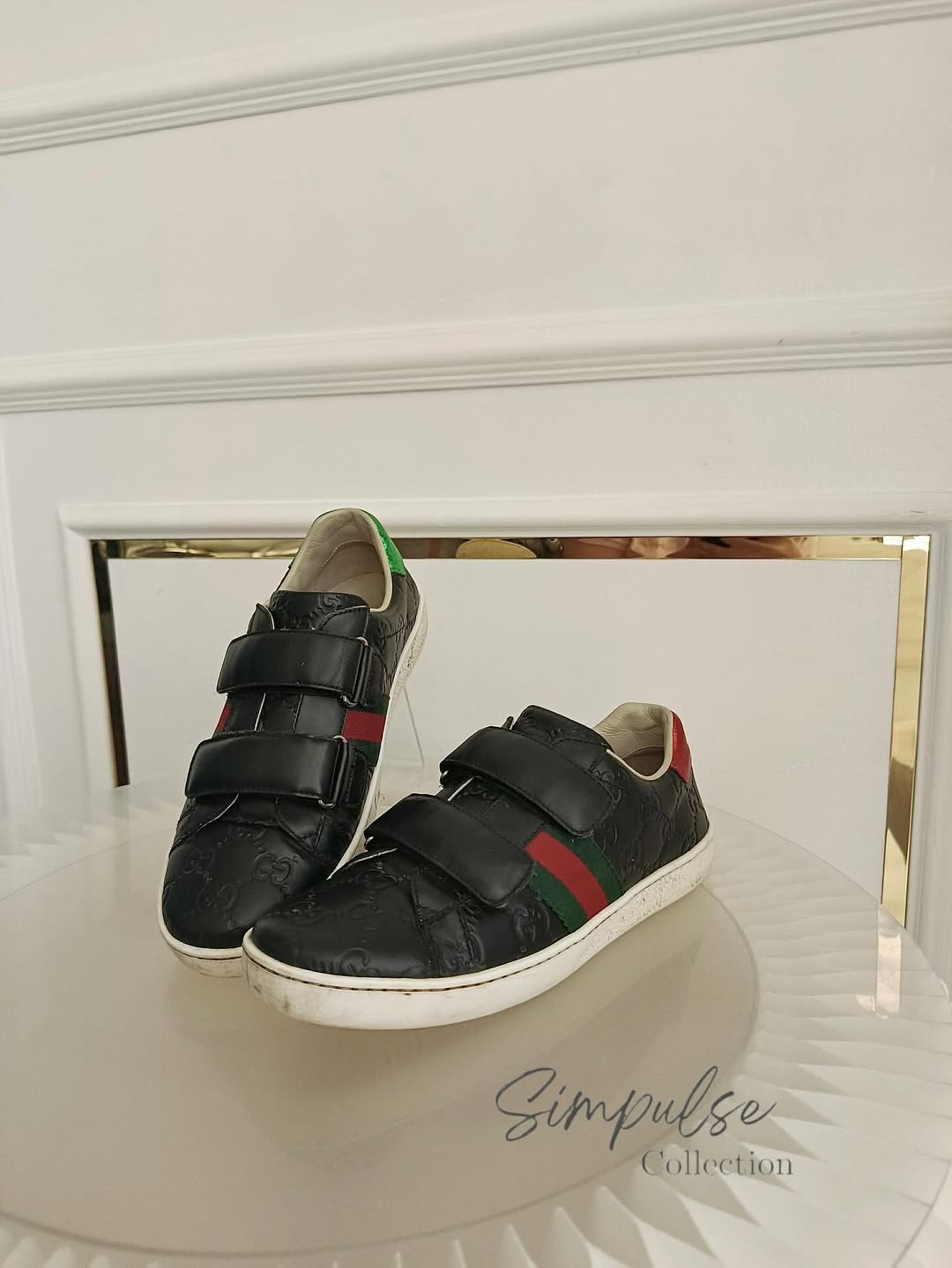 GUCCI Ace Velcro Sneakers in Black Embossed Leather