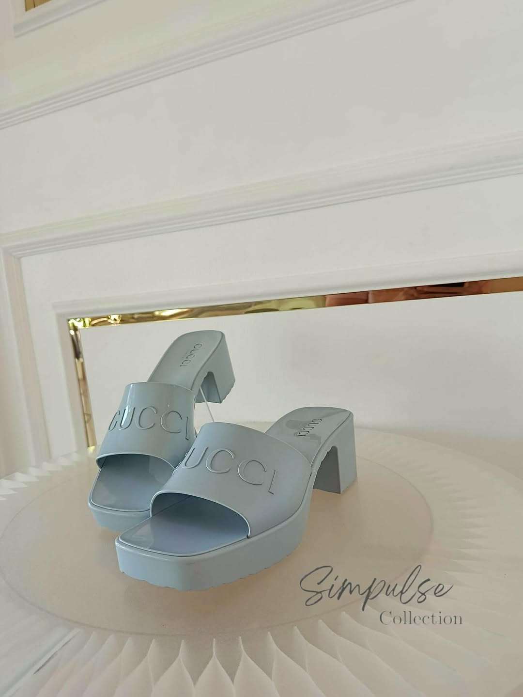 GUCCI Light Blue G Rubber Logo Platform Slide Sandals
