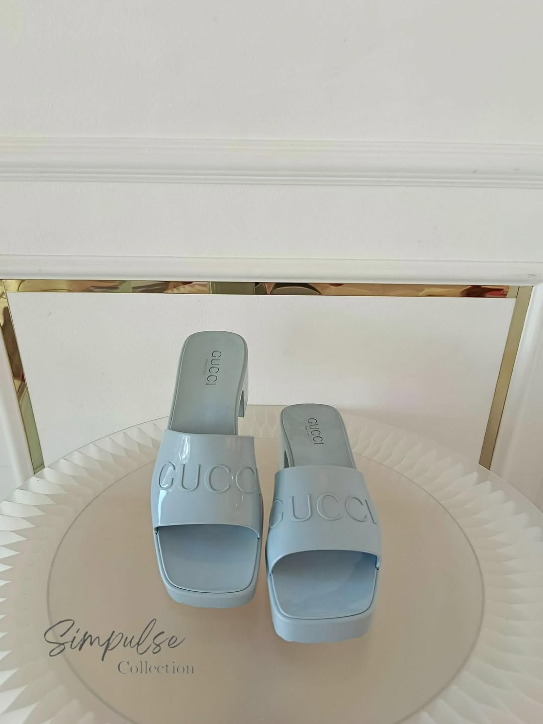GUCCI Light Blue G Rubber Logo Platform Slide Sandals