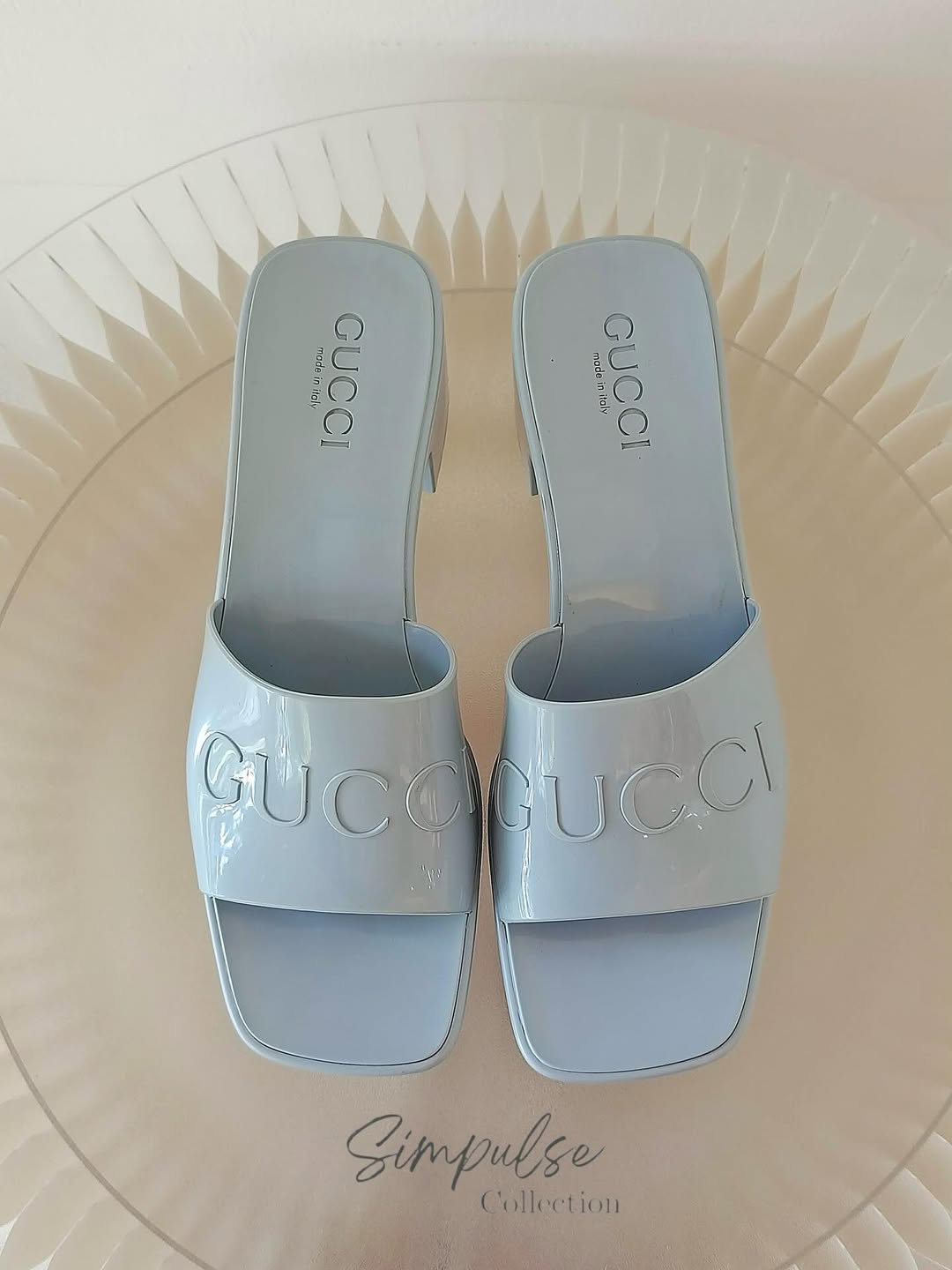 GUCCI Light Blue G Rubber Logo Platform Slide Sandals