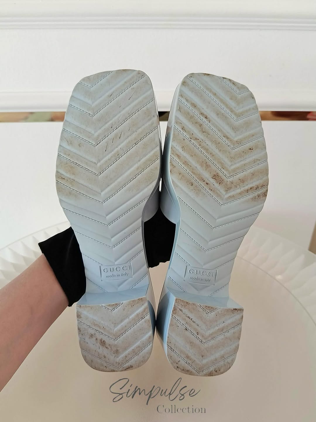 GUCCI Light Blue G Rubber Logo Platform Slide Sandals