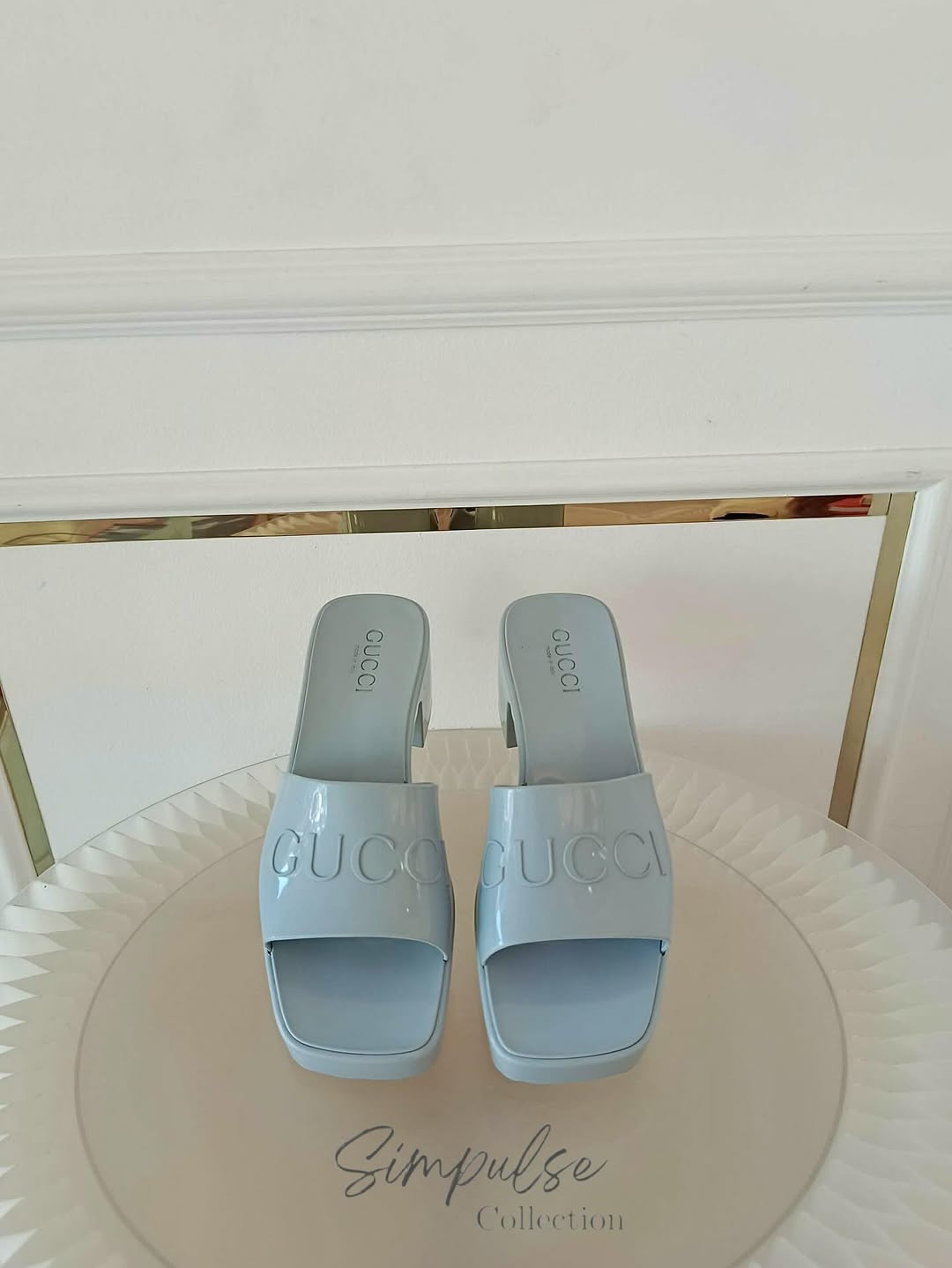 GUCCI Light Blue G Rubber Logo Platform Slide Sandals
