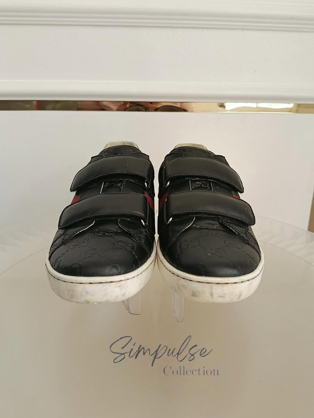 GUCCI Ace Velcro Sneakers in Black Embossed Leather