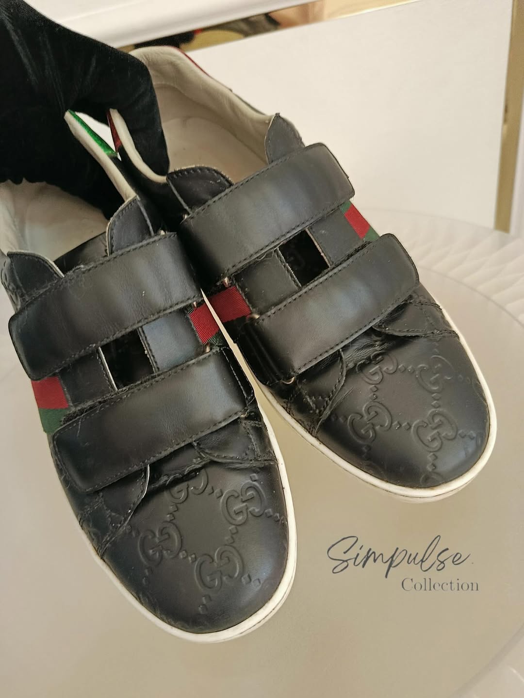 GUCCI Ace Velcro Sneakers in Black Embossed Leather