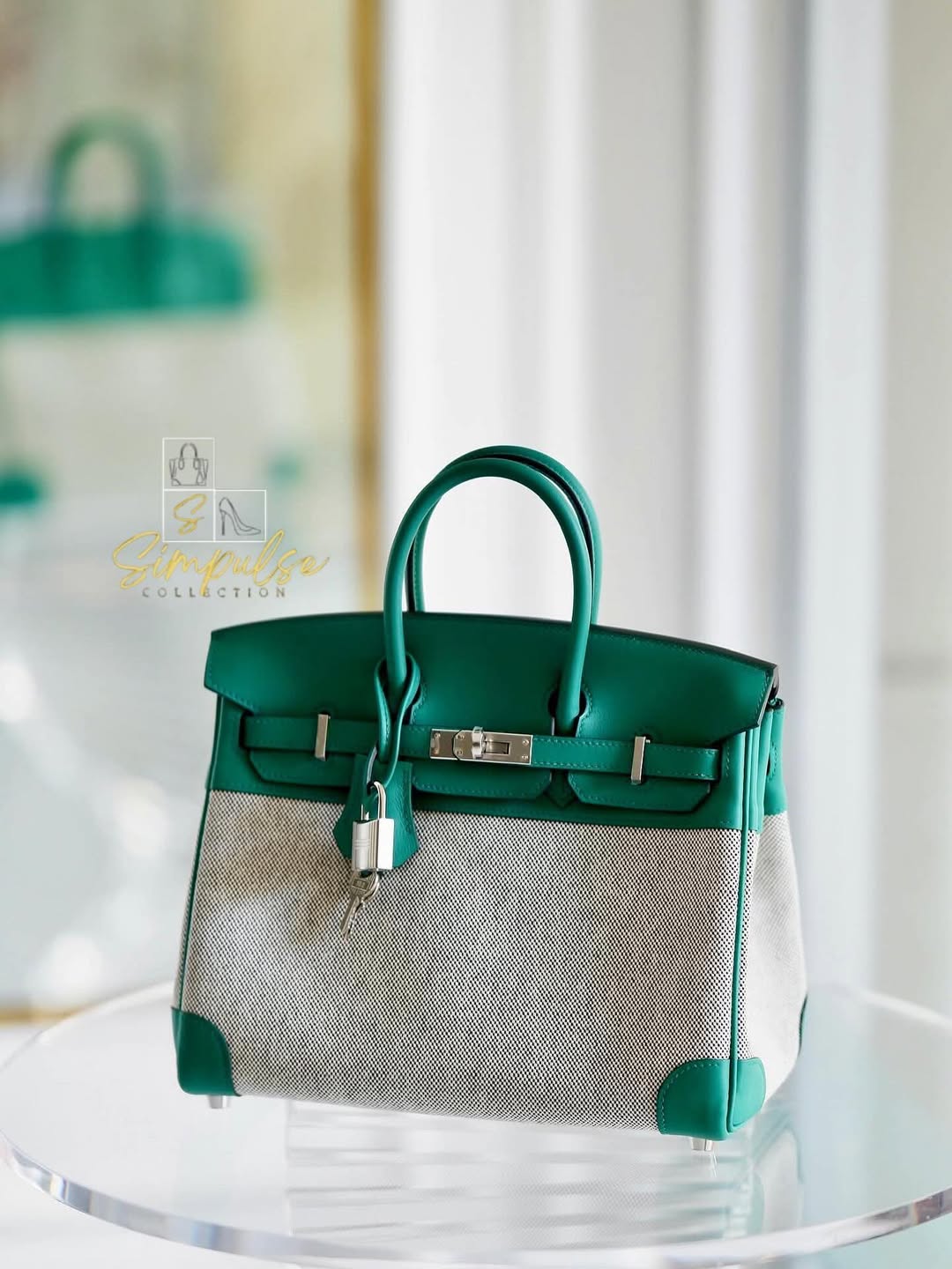 HERMES Birkin 25 Vert Vertigo Toile Swift PHW
