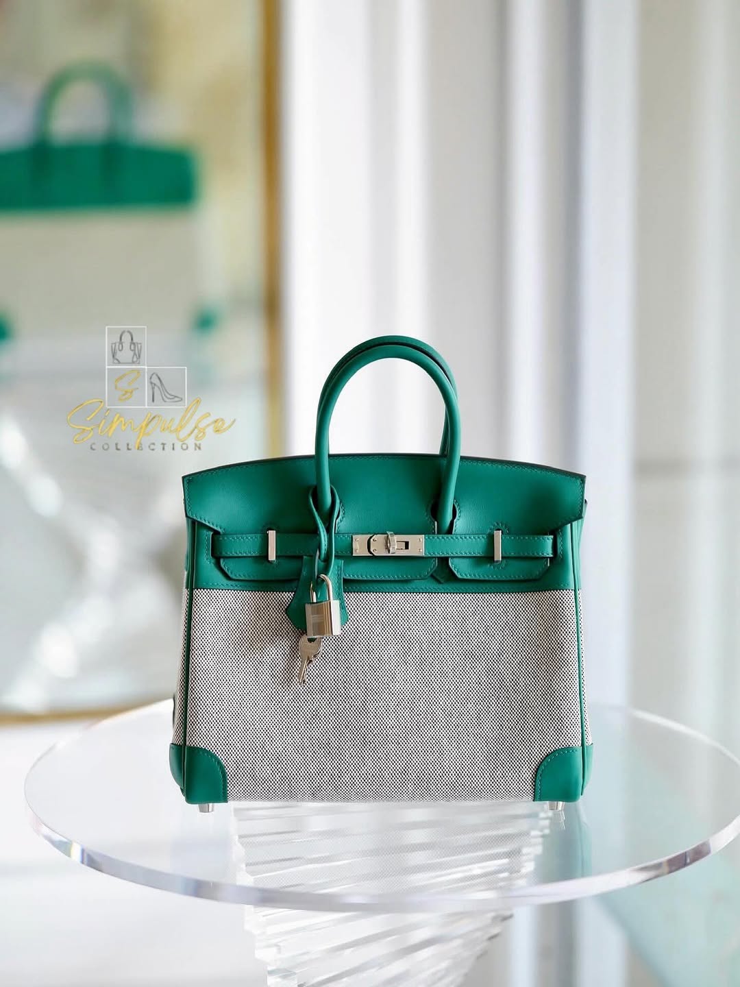 HERMES Birkin 25 Vert Vertigo Toile Swift PHW