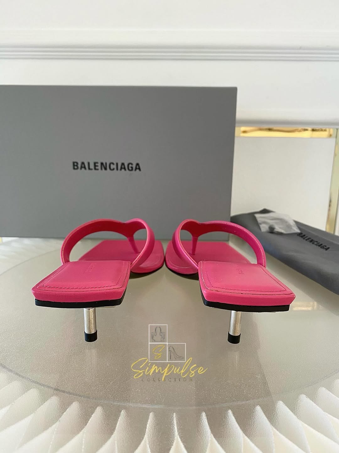 BALENCIAGA Pink Leather Thong Square Toe Slide Sandals