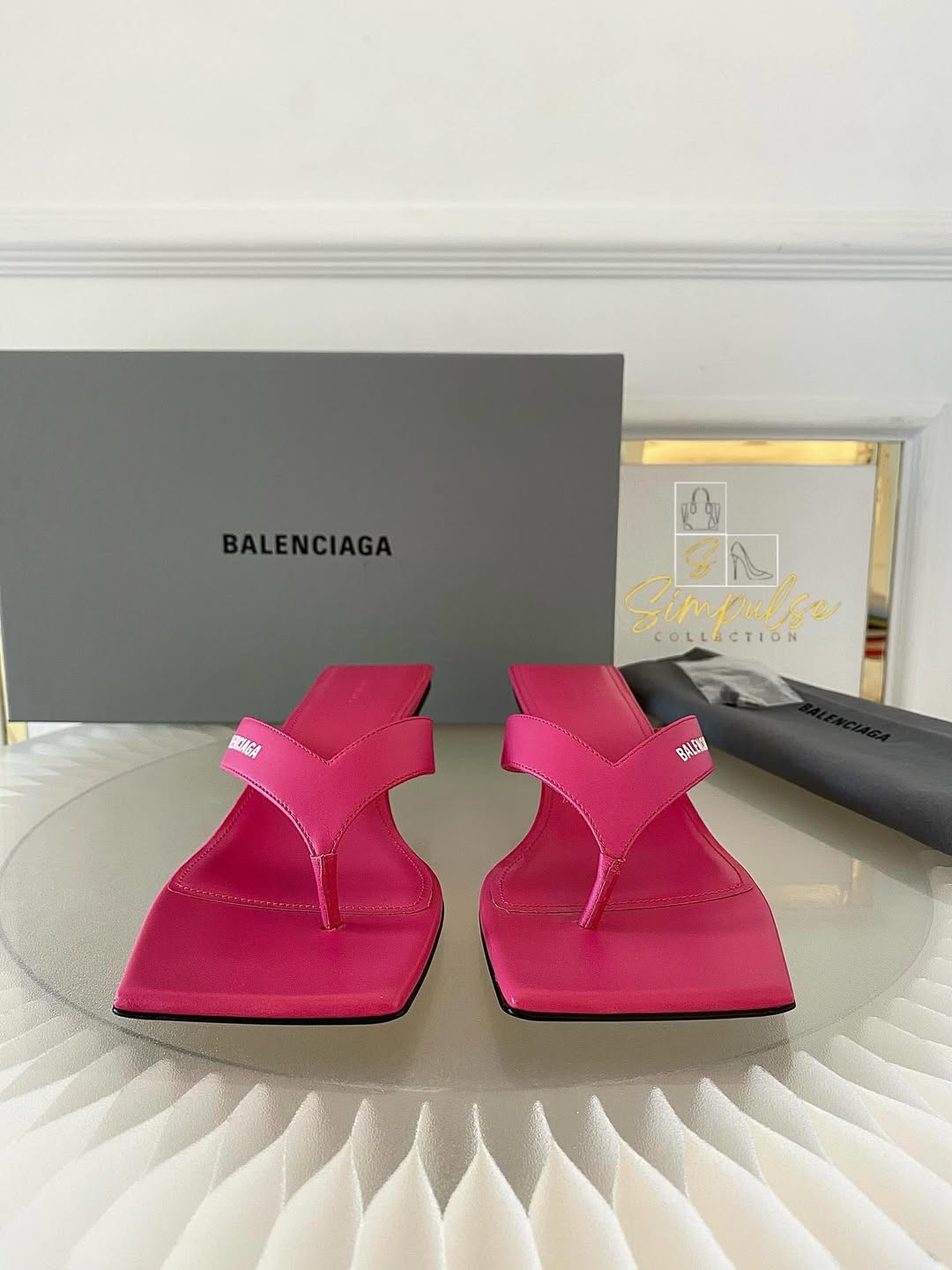 BALENCIAGA Pink Leather Thong Square Toe Slide Sandals