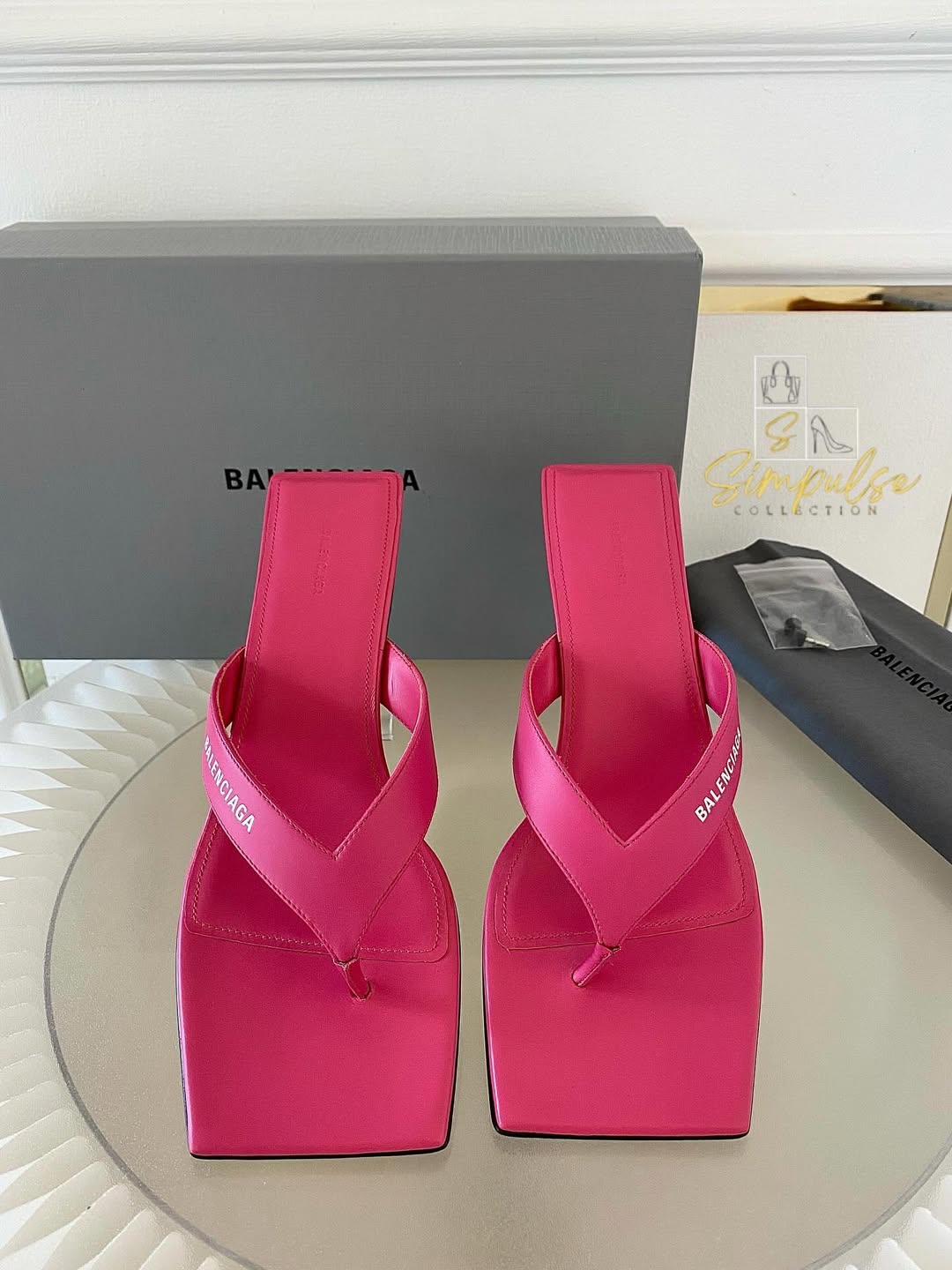 BALENCIAGA Pink Leather Thong Square Toe Slide Sandals